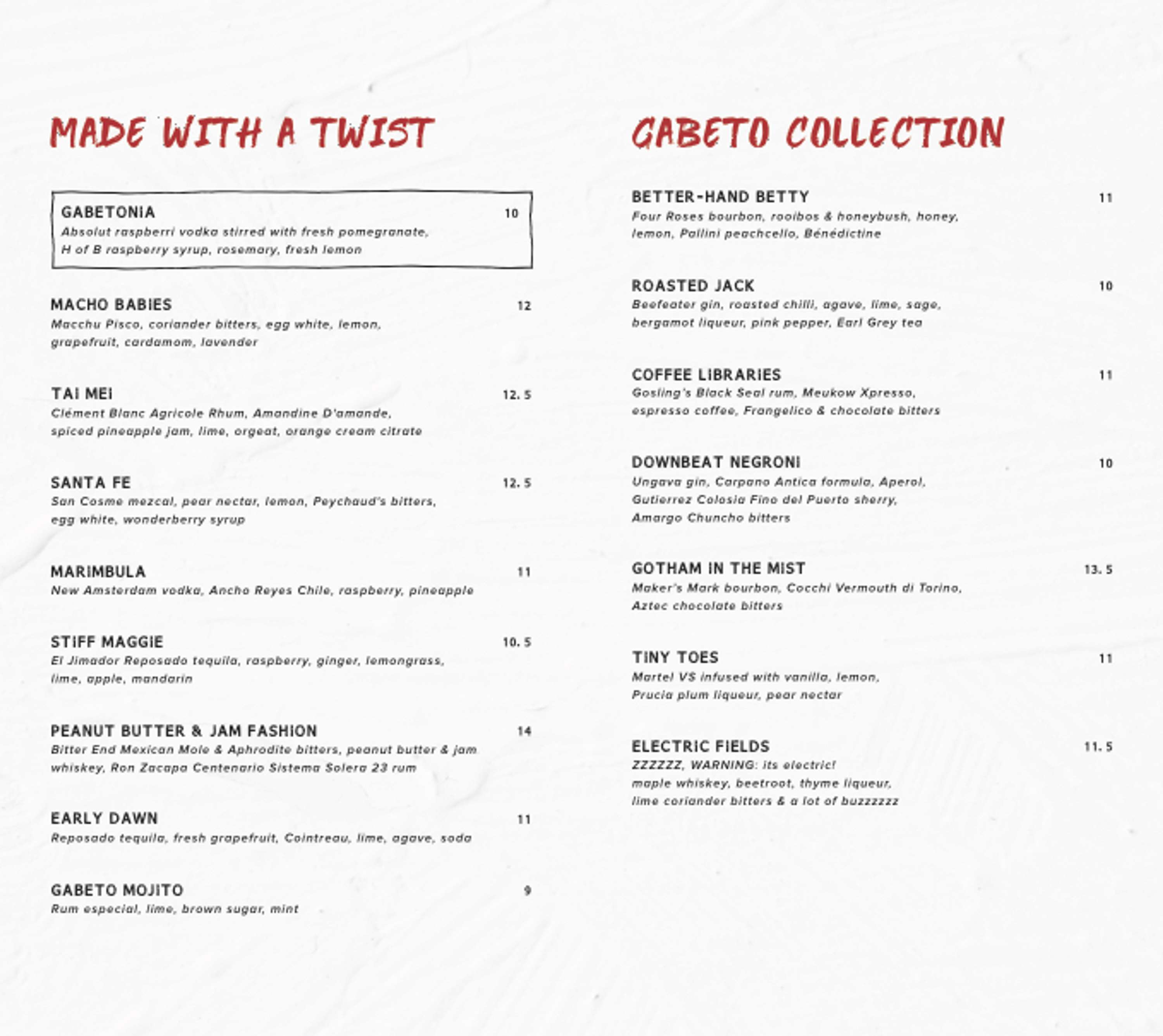 Gabeto - Drinks Menu by Fiona Hall