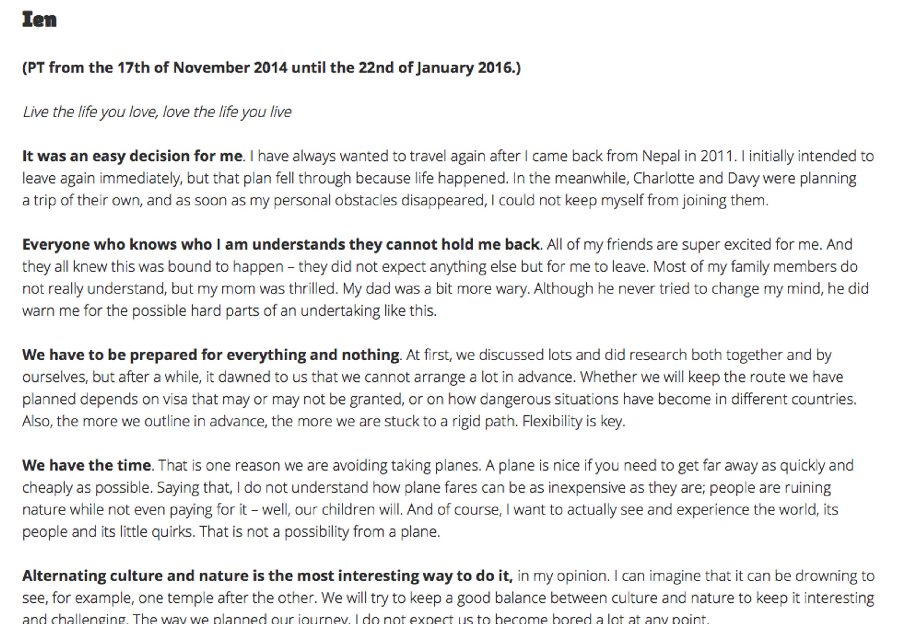 Writing "About Page" for Travel Blog by Yasmin Van 'tveld