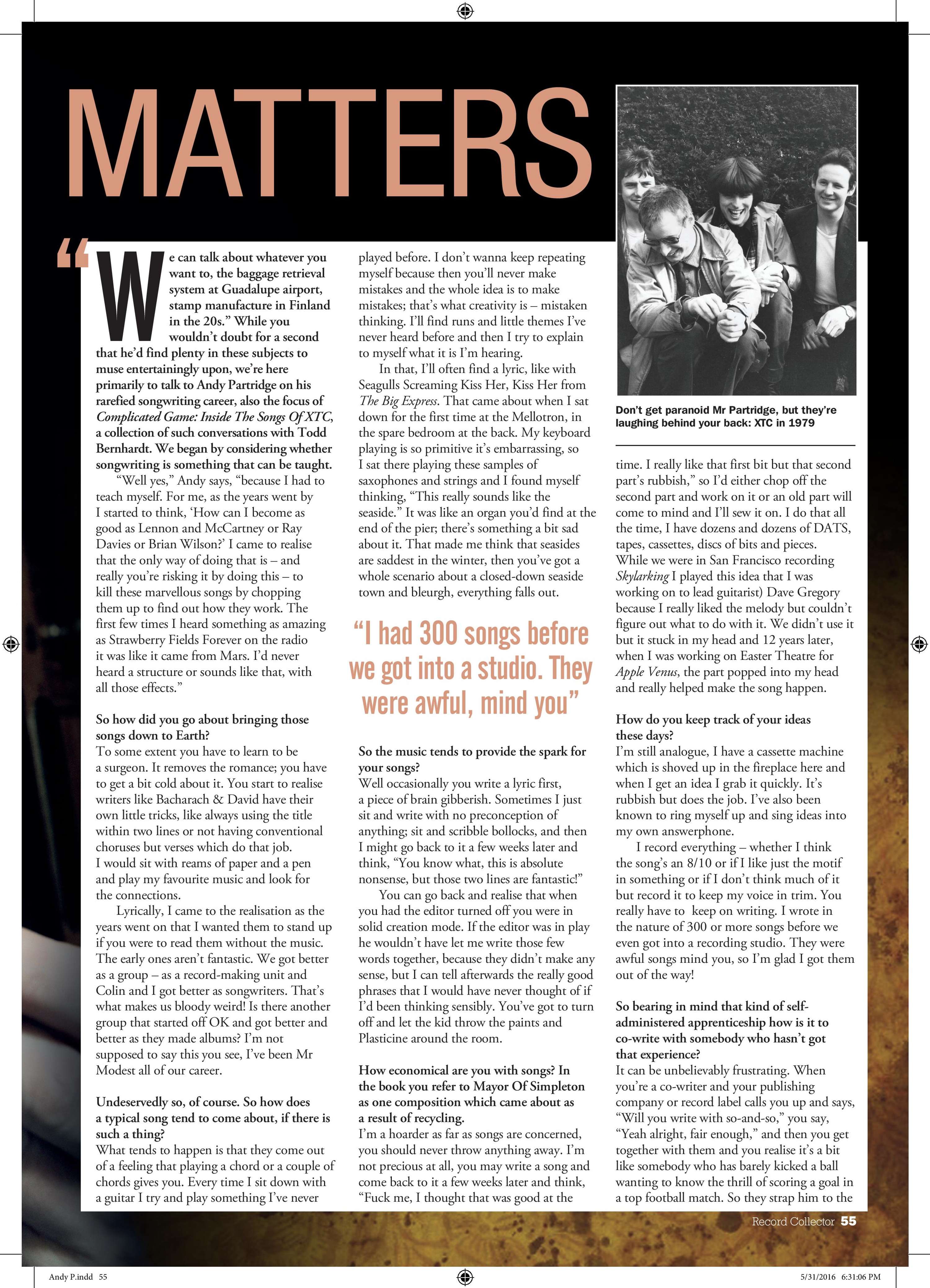 Andy Partridge of XTC, interview, Record Collector, June 2016 by Jamie Atkins