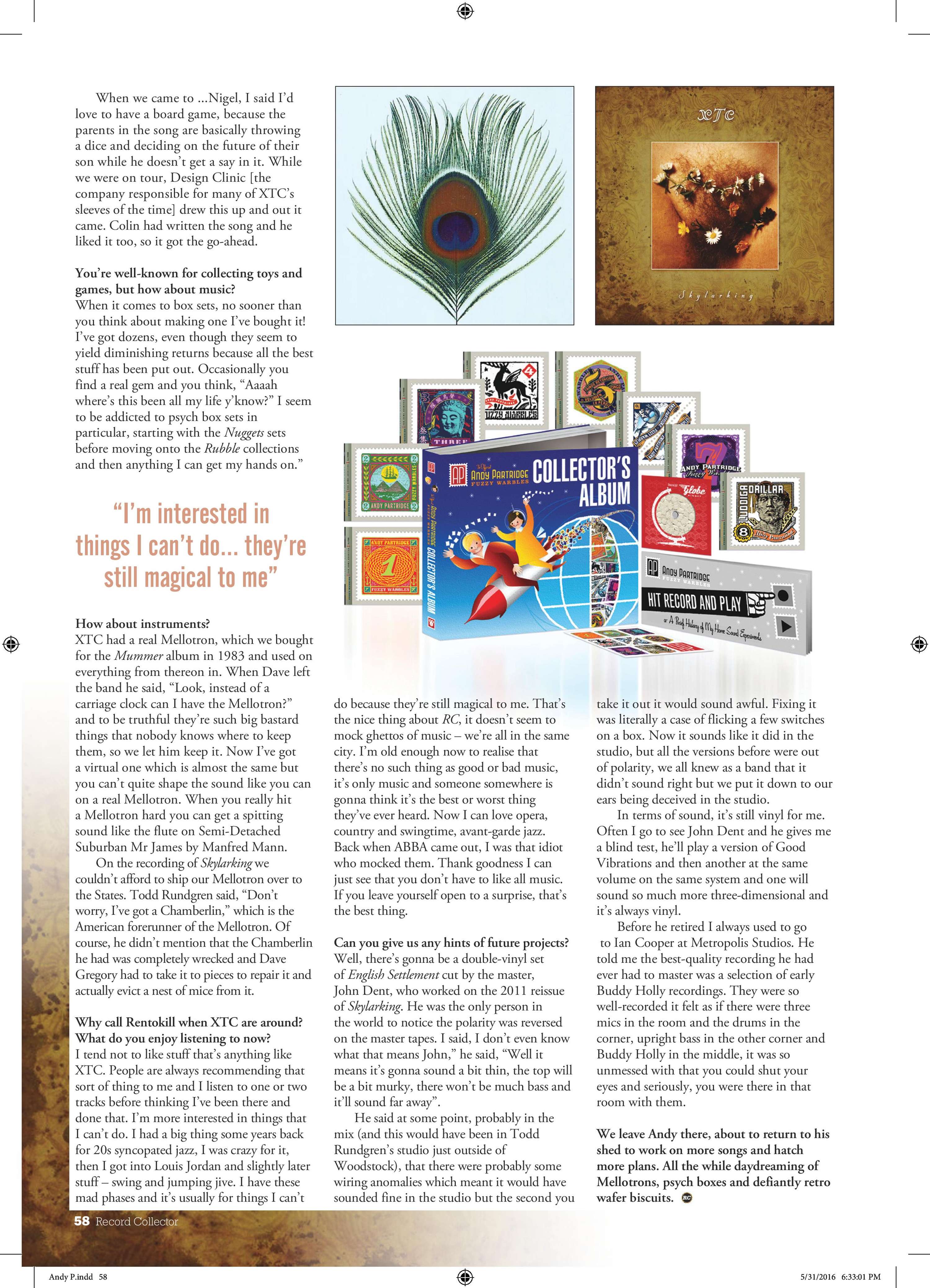 Andy Partridge of XTC, interview, Record Collector, June 2016 by Jamie Atkins