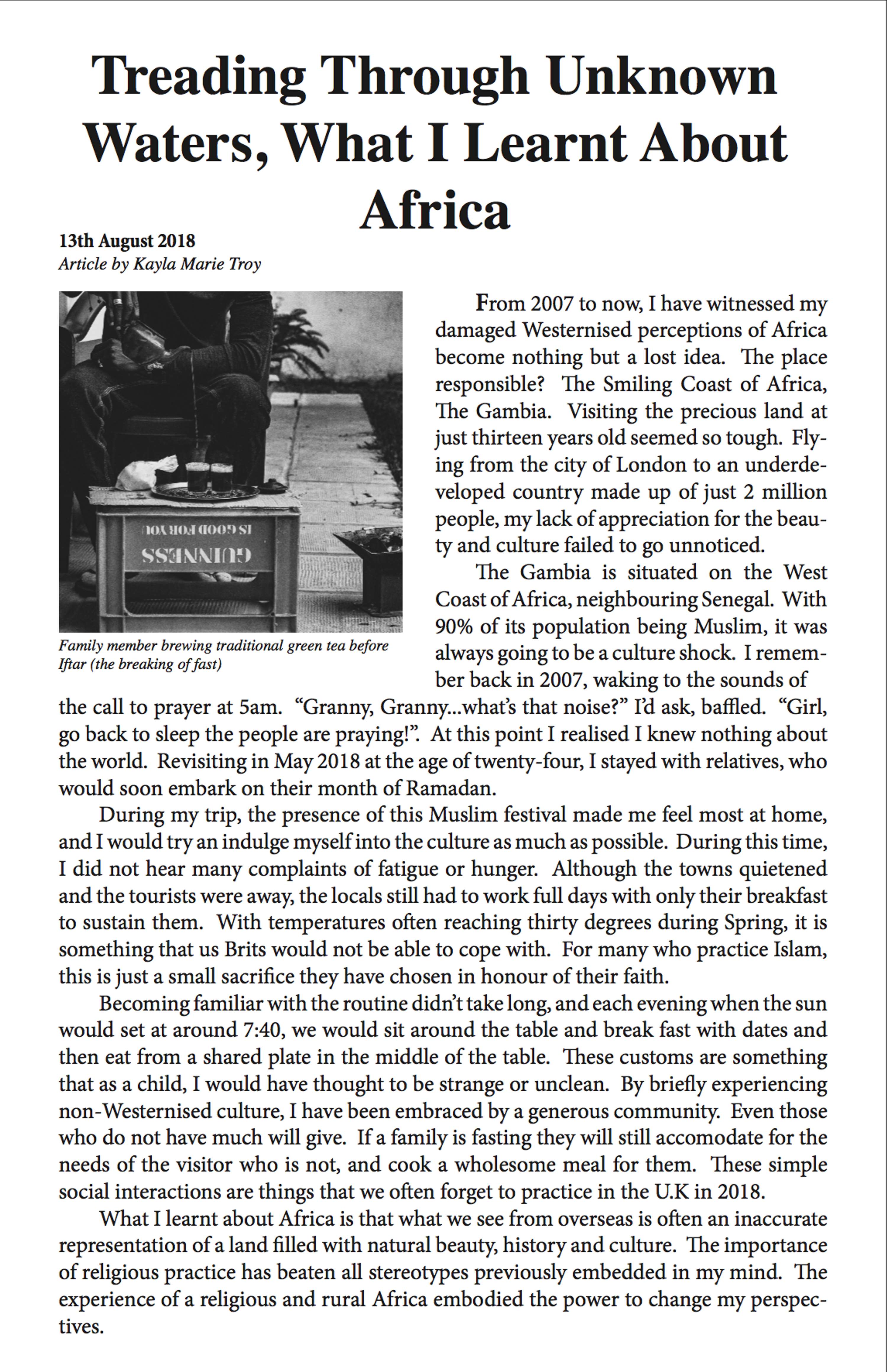 Article: Treading Through Unknown Waters, What I Learnt About Africa by Kayla Troy