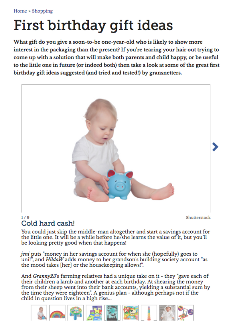 Gransnet: First birthday gift ideas by Kathleen Bradley