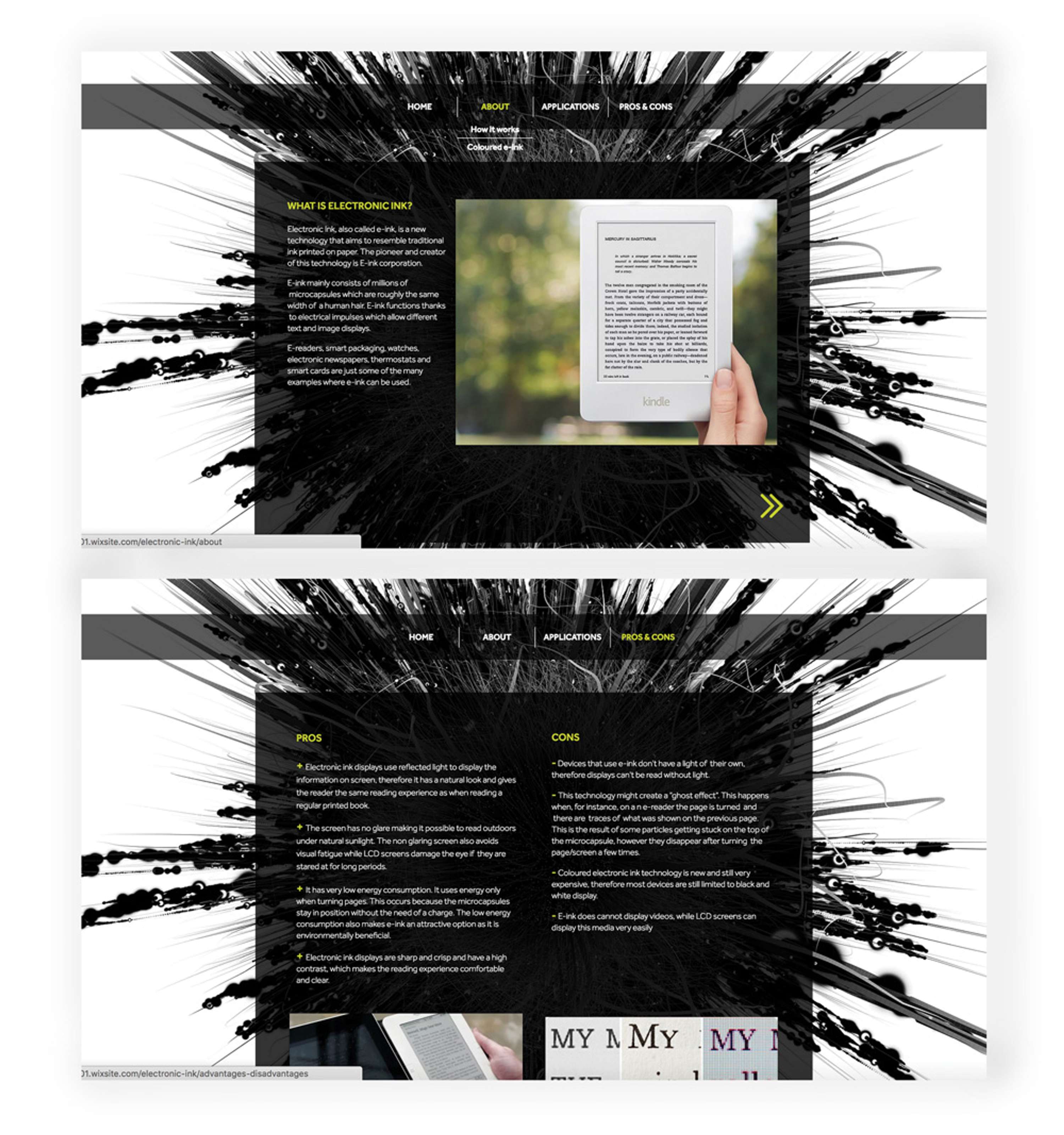 Electronic ink explanation poster and website by Cecilia Fraticelli