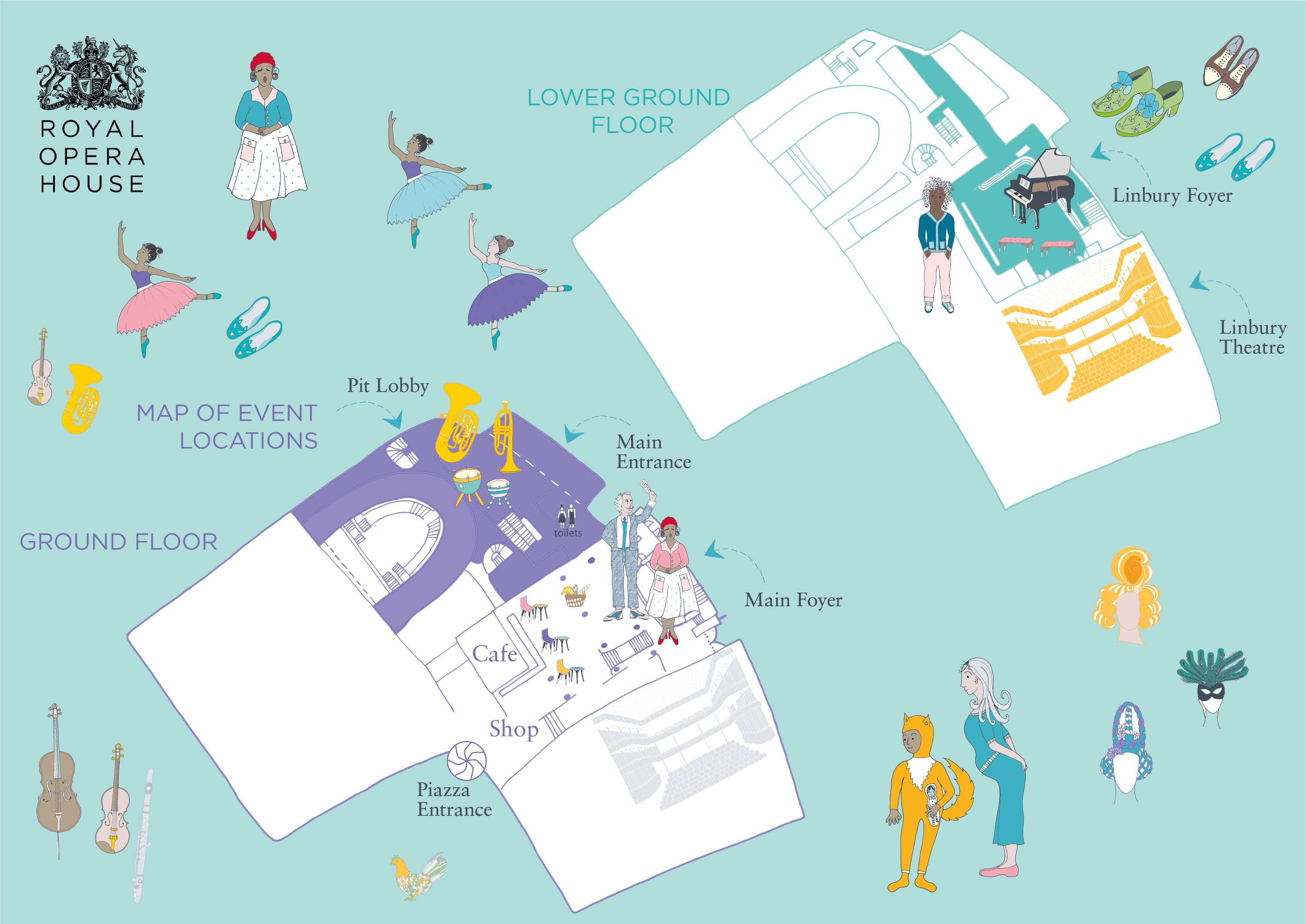 Royal Opera House wayfinding map and illustrations by Melanie Smith