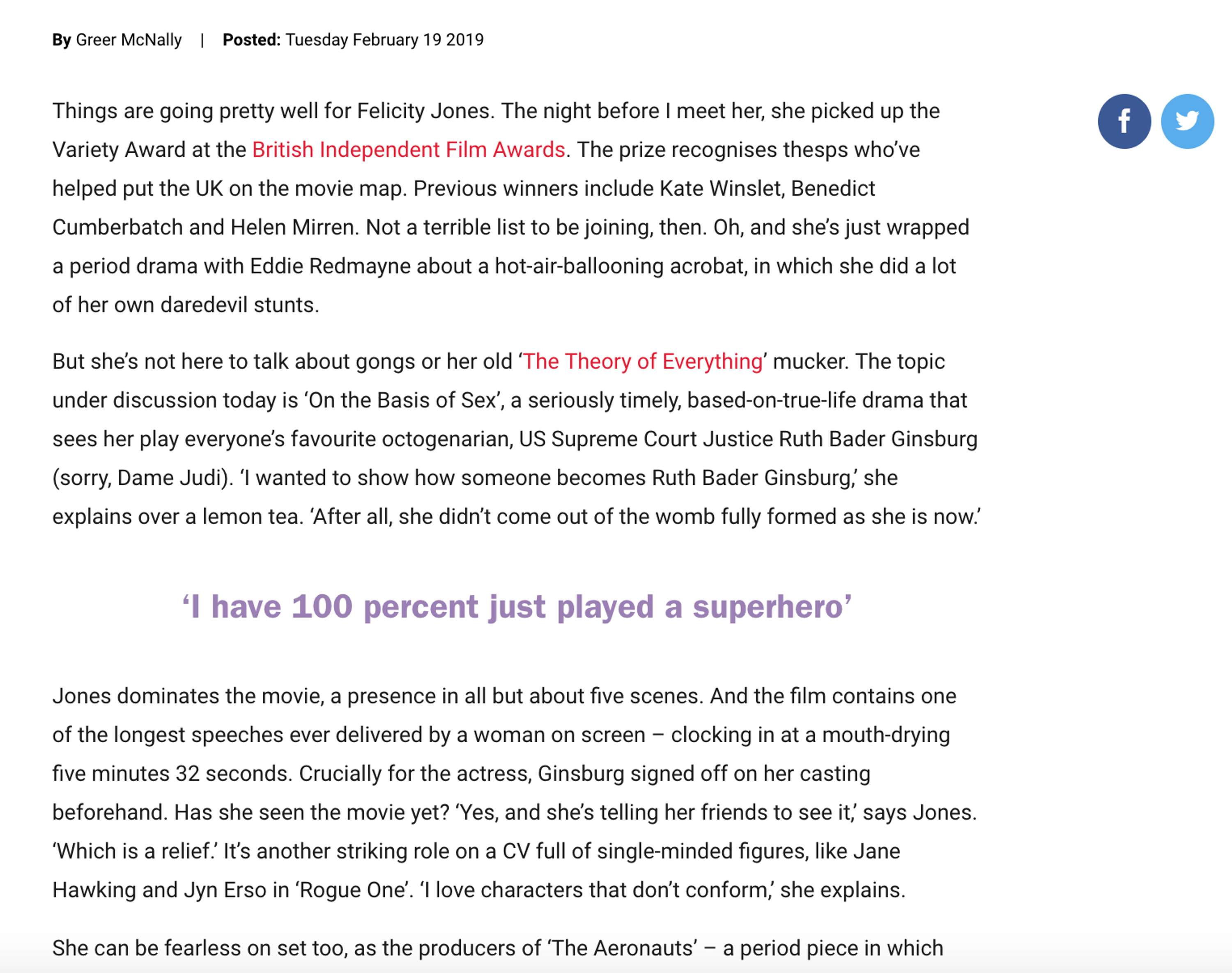 Interview with Felicity Jones for Time Out by Greer McNally