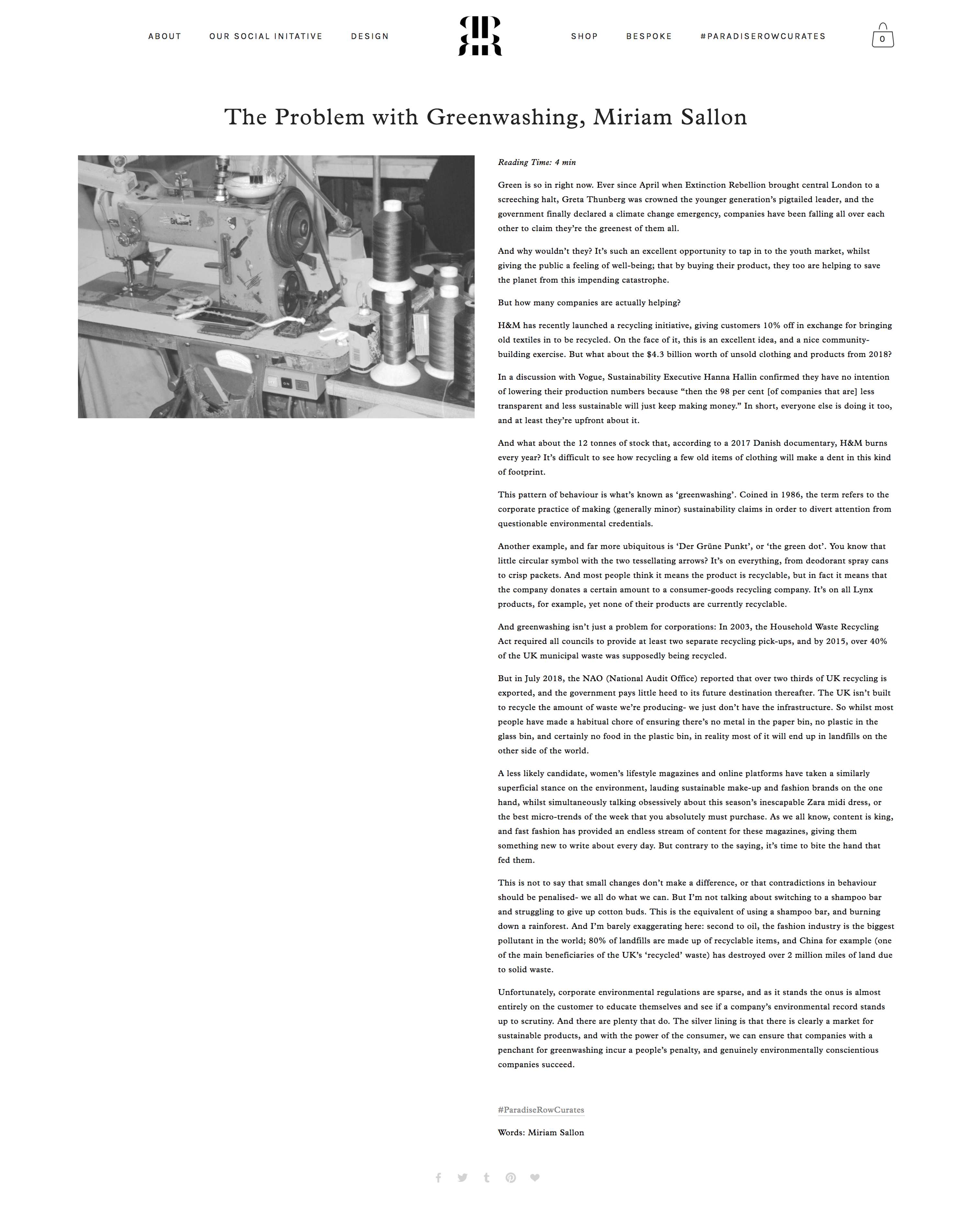 Article for Paradise Row, London by Miriam Sallon