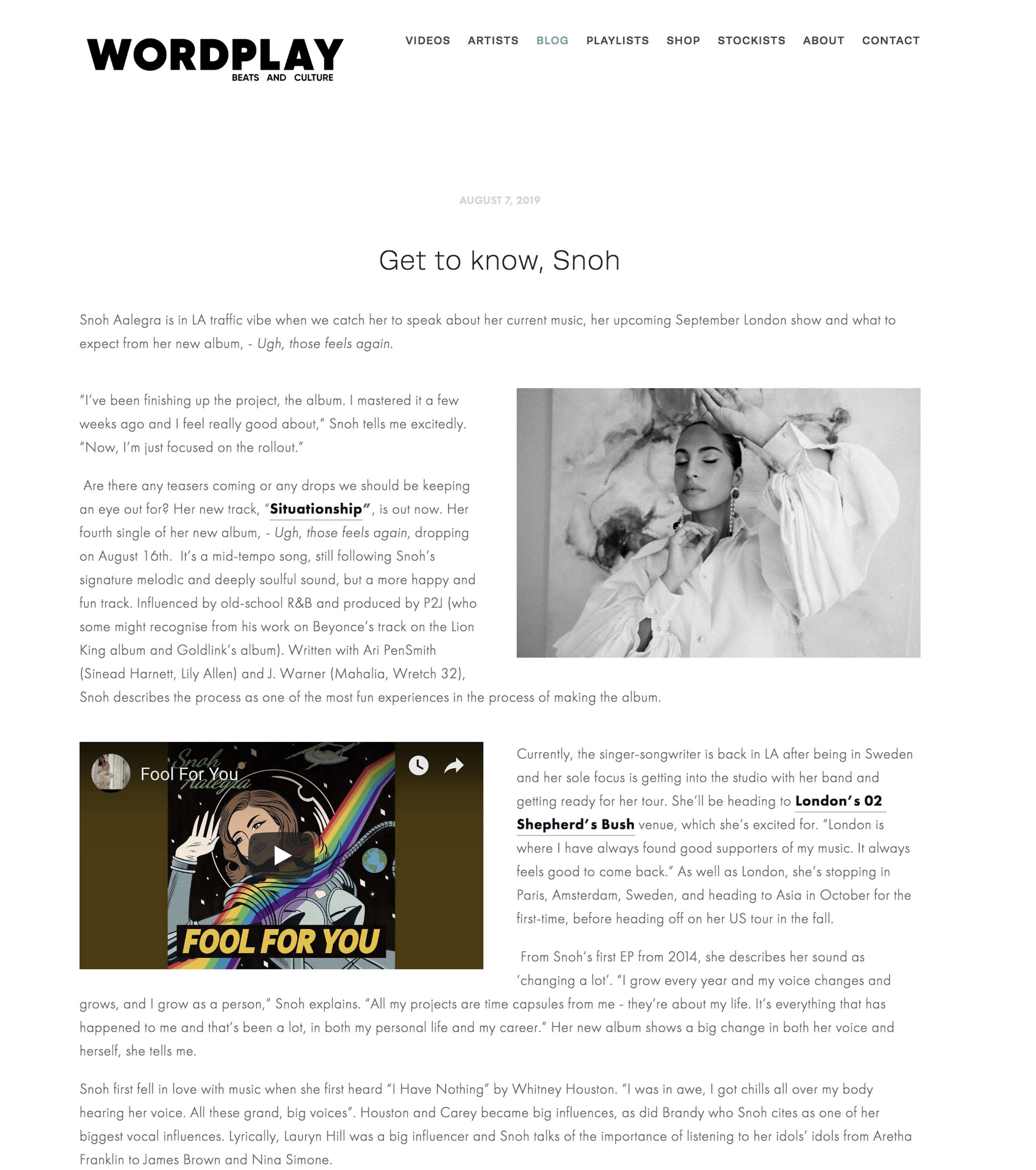 Wordplay Magazine: Interview with Snoh Aalegra by Mireille Harper