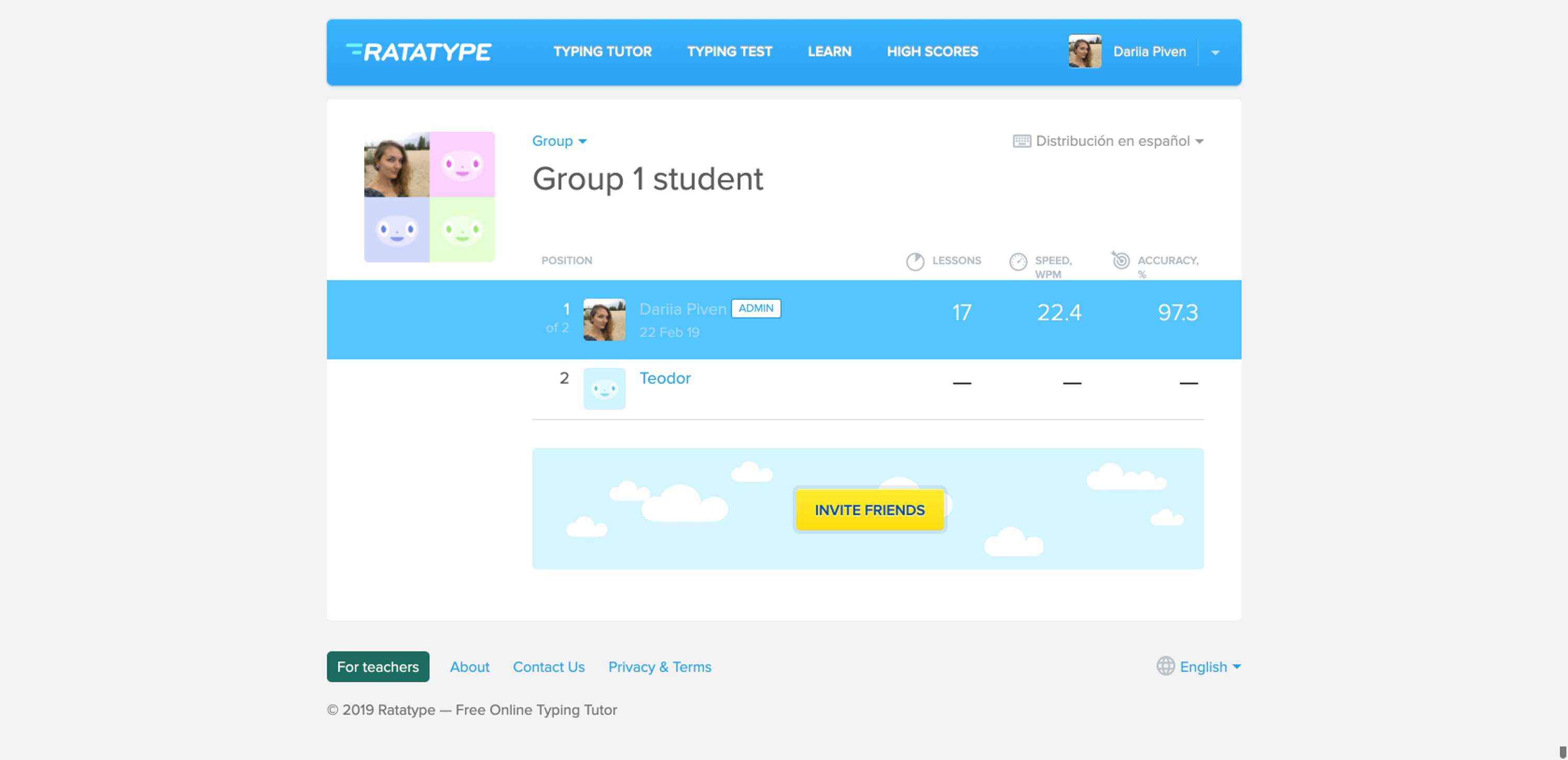 Groups for touch typing competitions — Ratatype