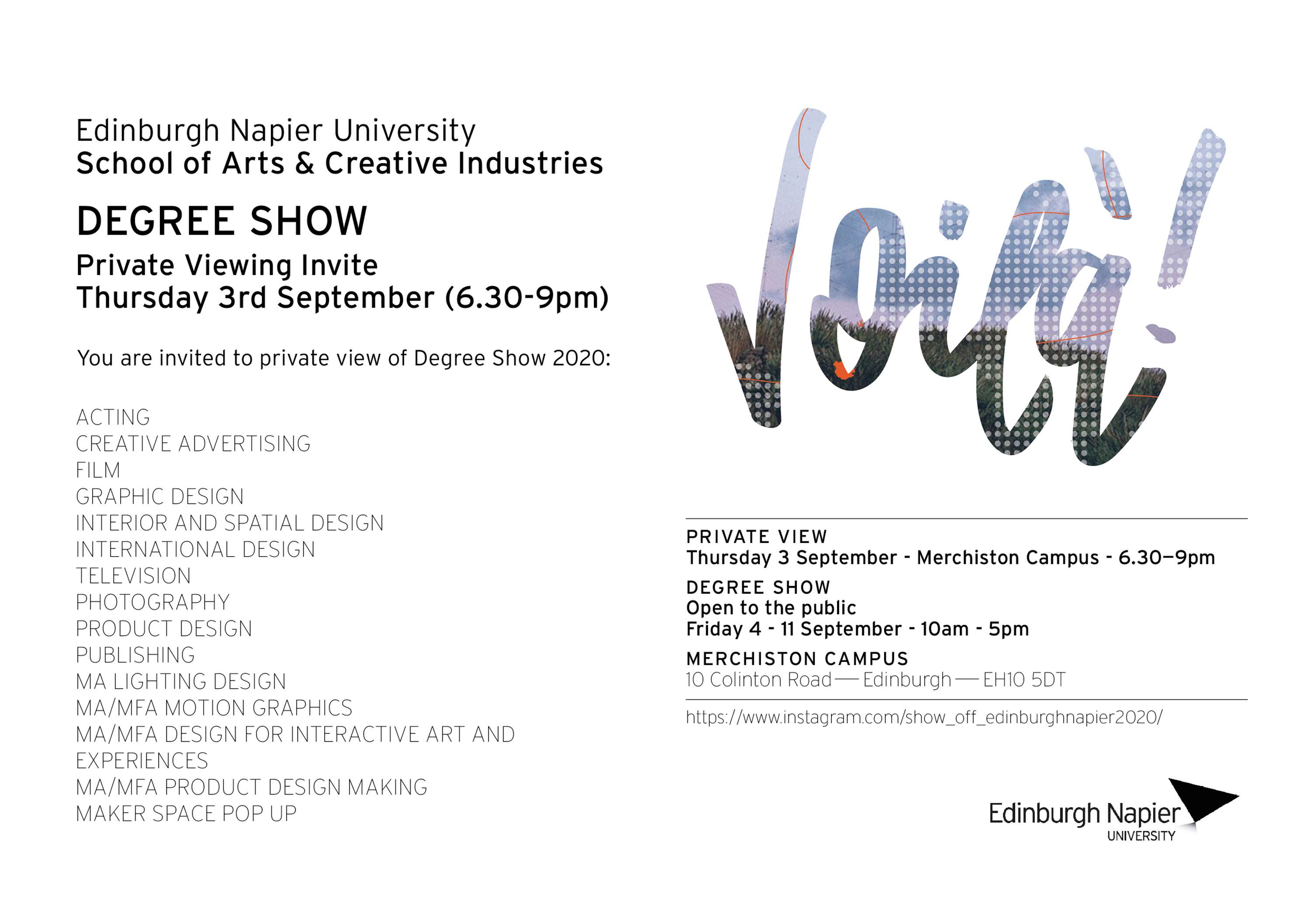 University Degree Show Branding by Marge Urquhart