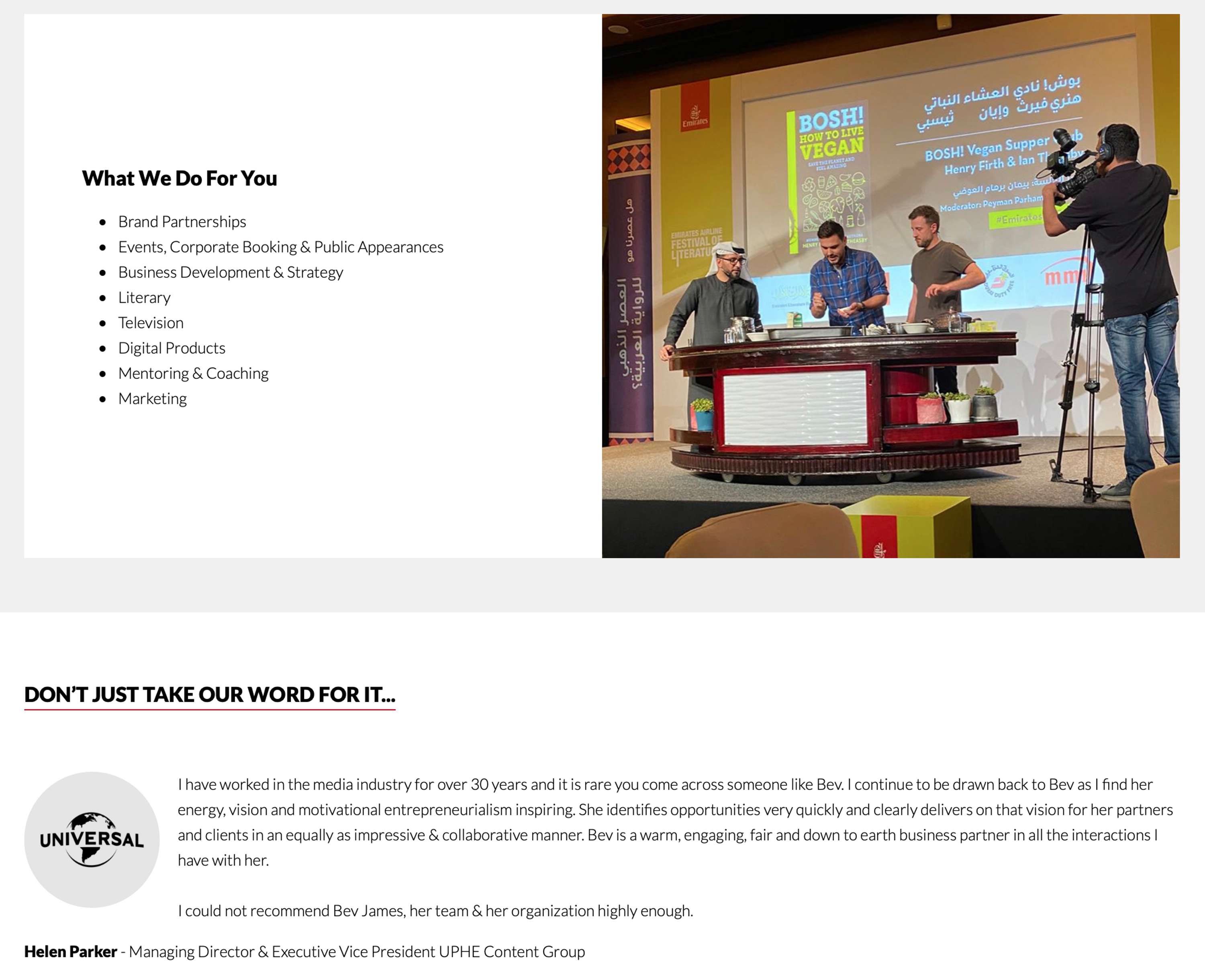 Selected content from bevjames.com website launch by Ollie Bower