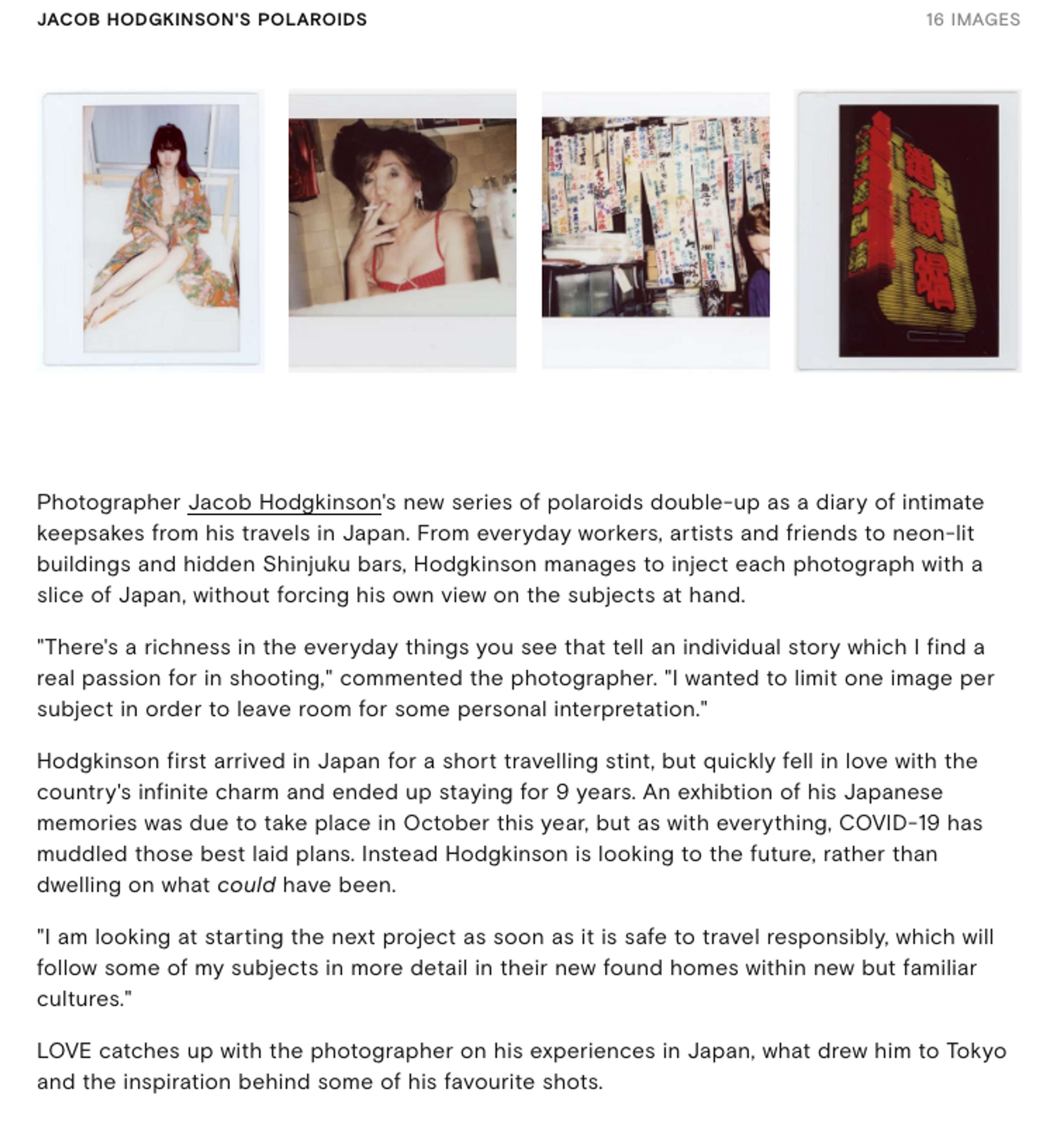 Feature and interview in LOVE Magazine by Jacob Hodgkinson