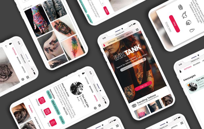 Ink Tank: responsive web app that allows users to explore inspiration for their next tattoo and find and book the right artist by Emily Bunch