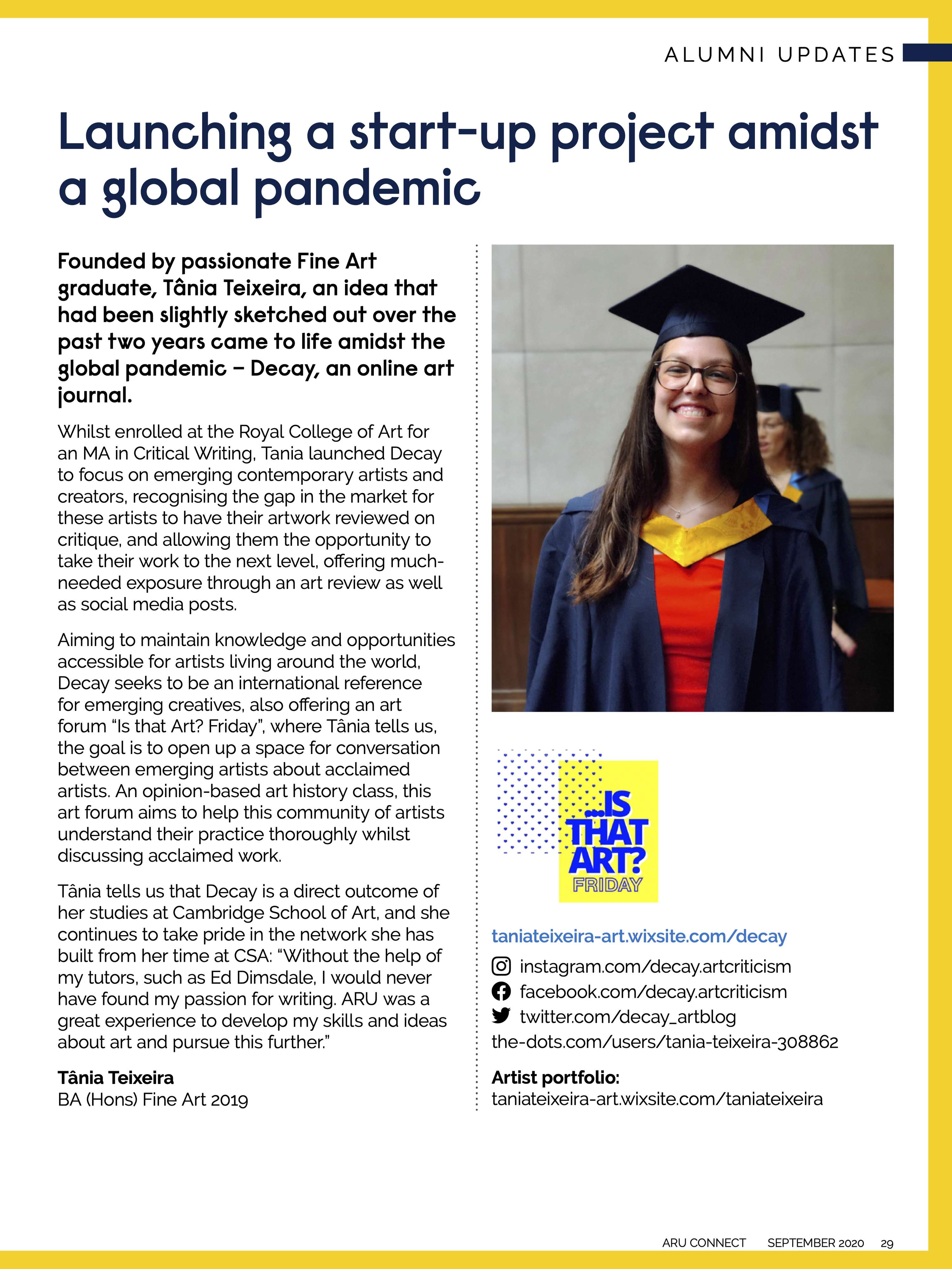 Alumni Magazine feature about Decay by Tania Teixeira