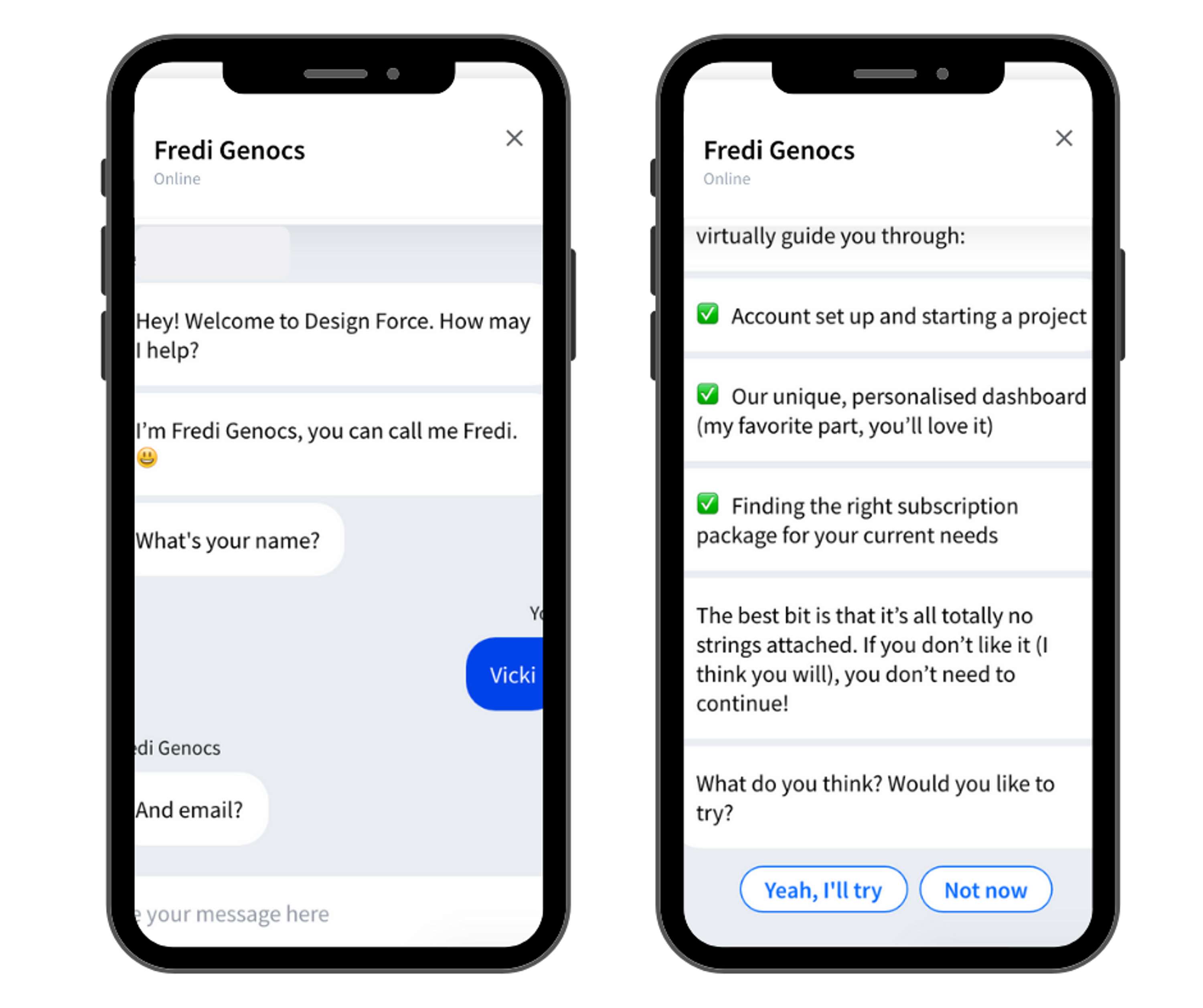 Chatbot copy for Design Force by Vicki Chagger