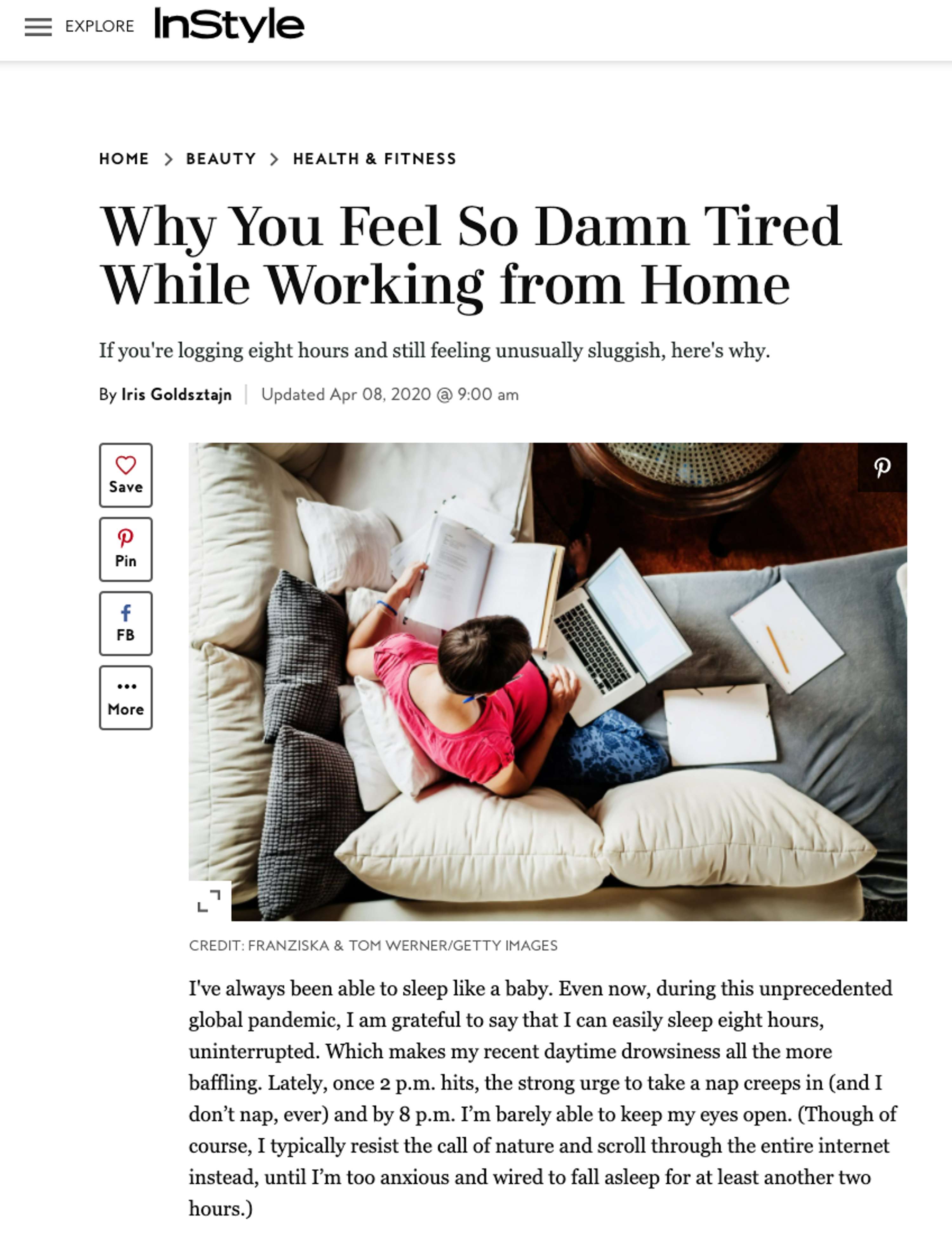 InStyle - Why You Feel So Damn Tired While Working From Home by Iris Goldsztajn
