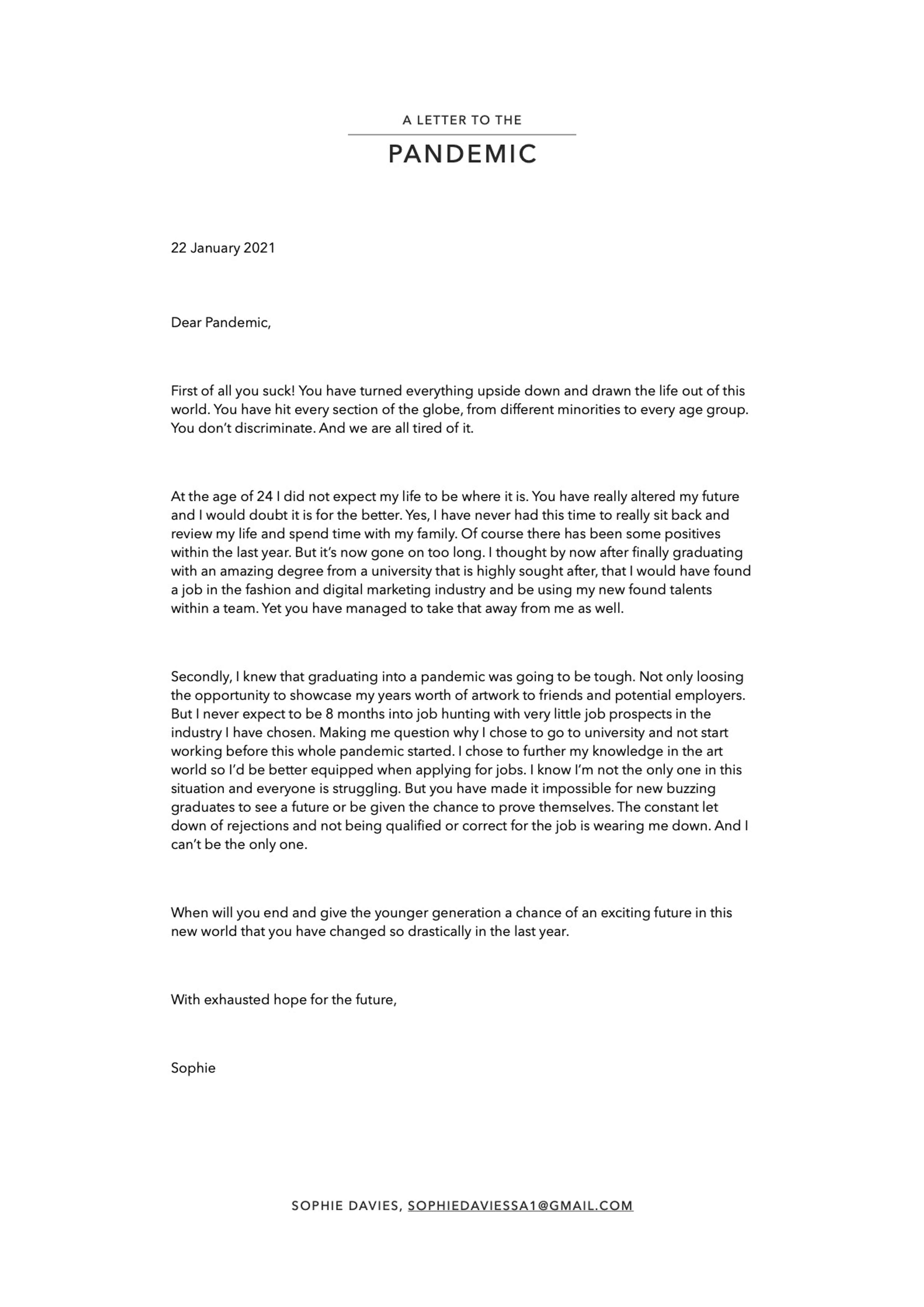 An open letter to the pandemic by Sophie Davies