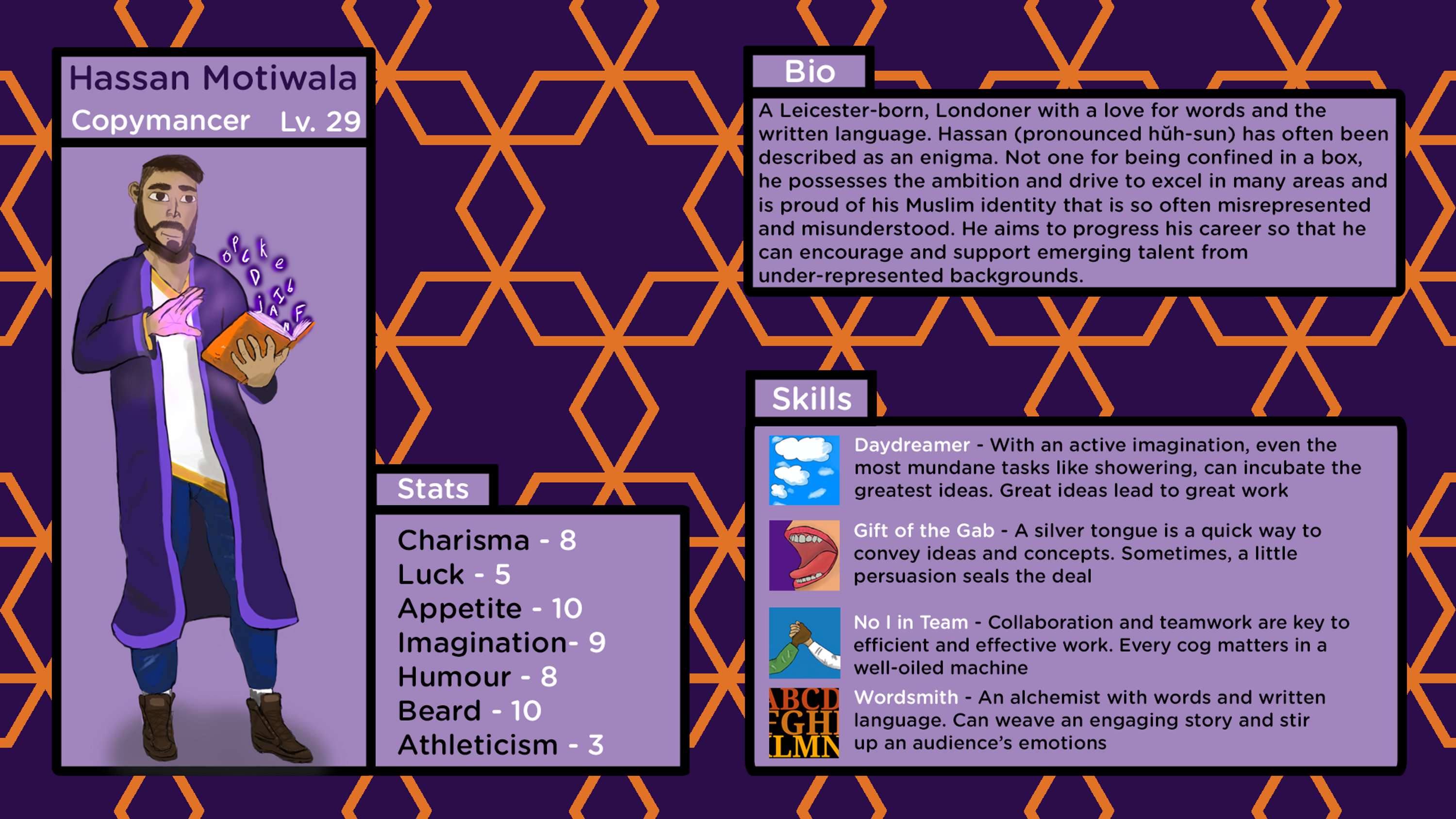 Copywriter RPG Character Sheet by Hassan Motiwala