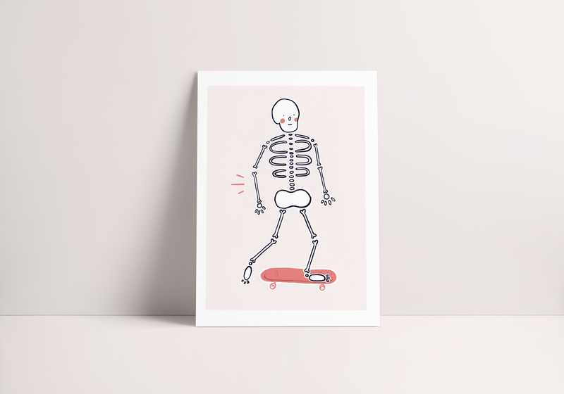 Skateboarding Skelly Print by Meg Shepherd
