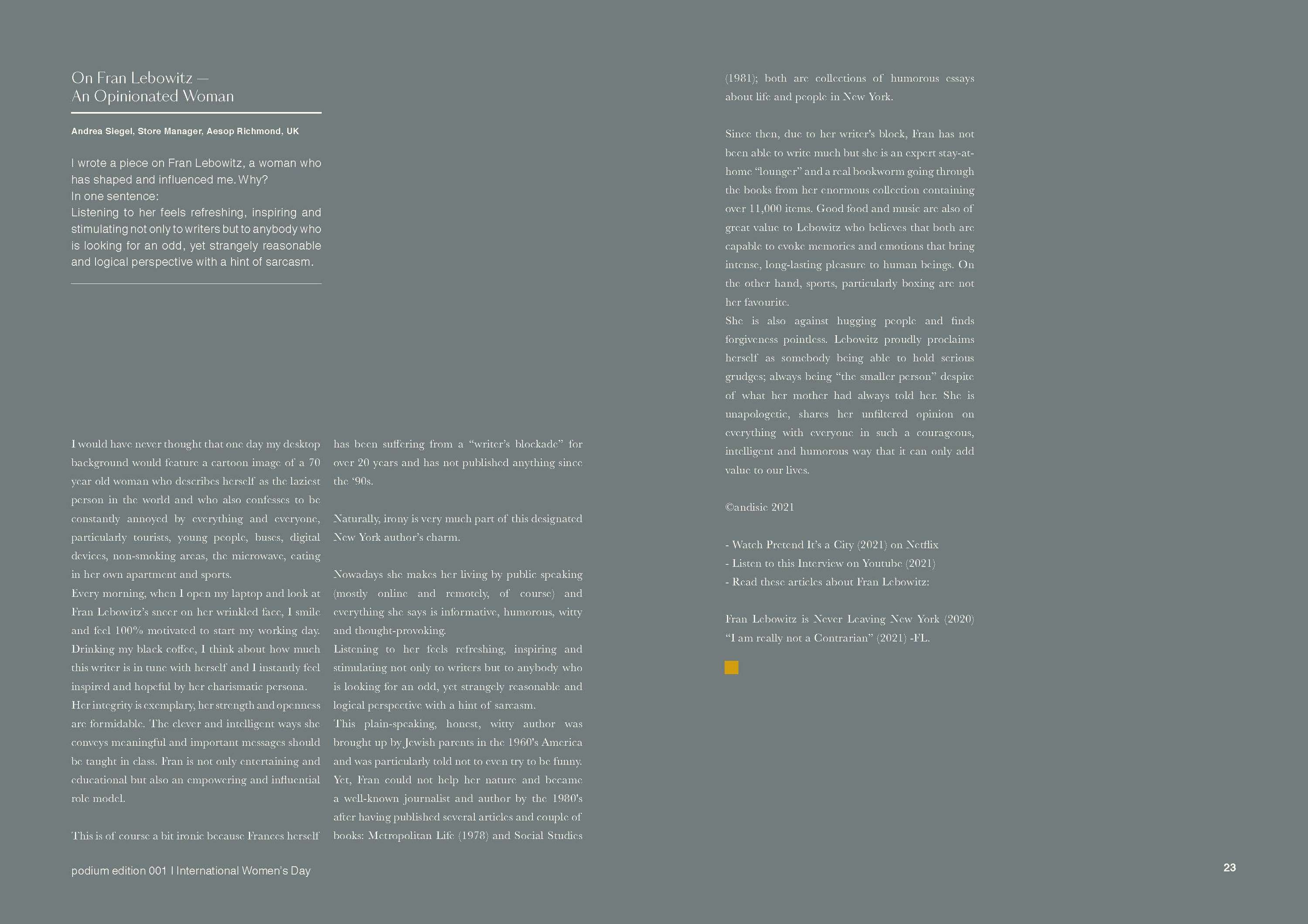 Articles Published in Aesop's Podium by Andrea Siegel