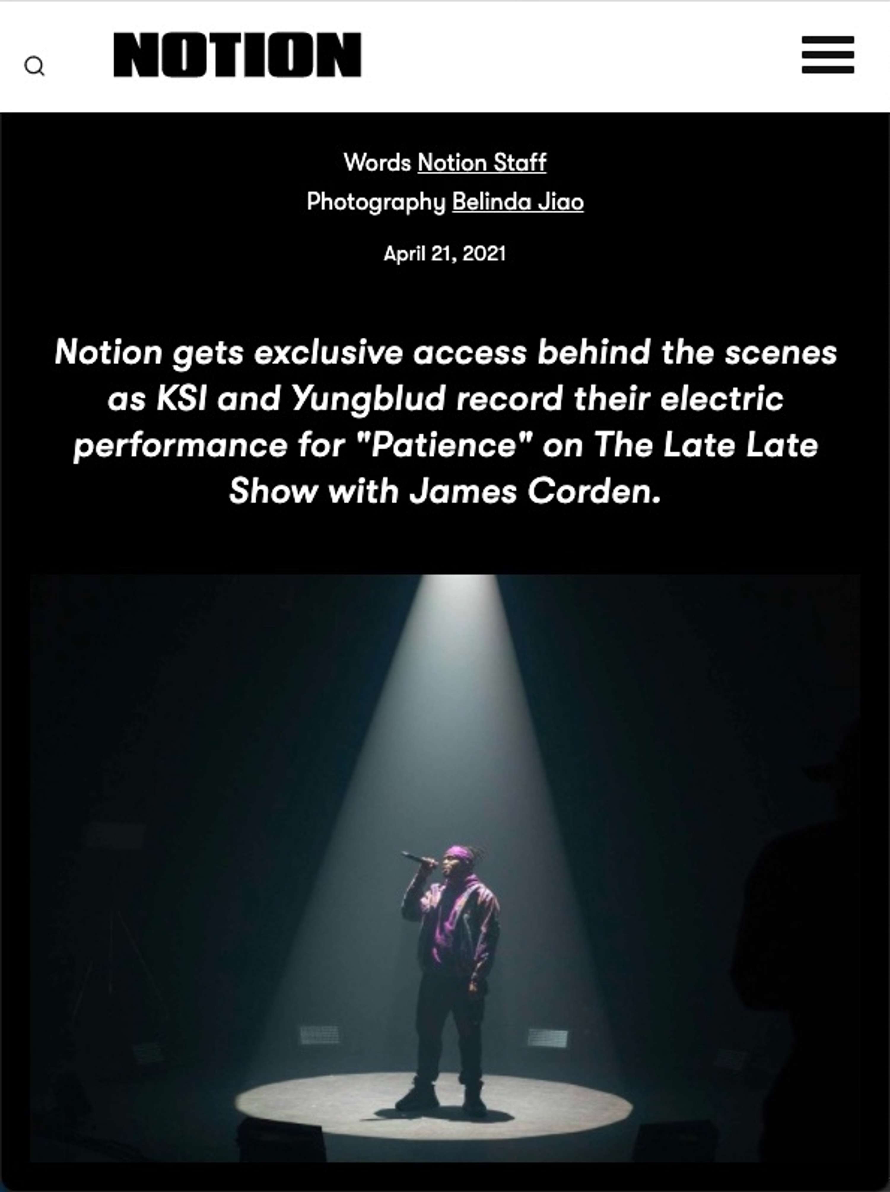 On Notion: KSI & YUNGLUD Perform "Patience" for the Late Late Show with James Corden by Belinda Jiao