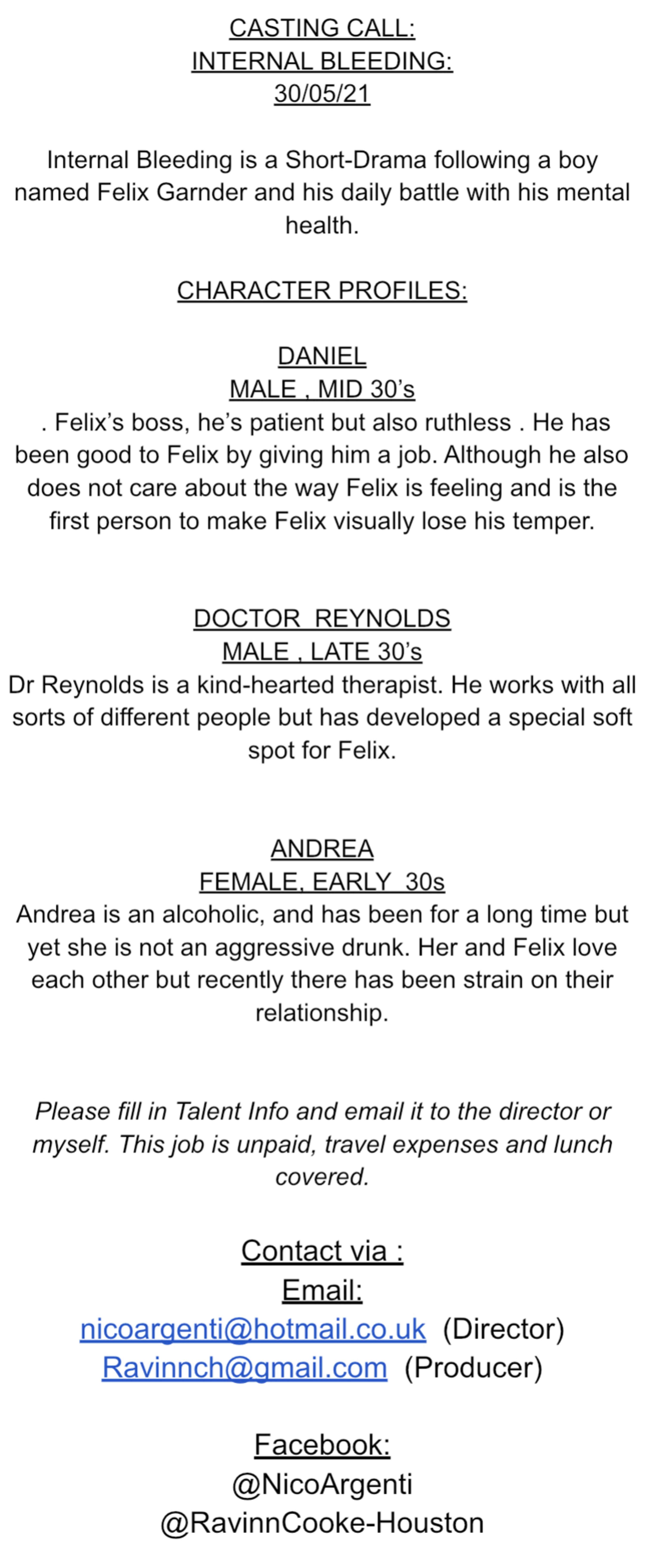 INTERNAL BLEEDING *CASTING CALL* by Ravinn Cooke 