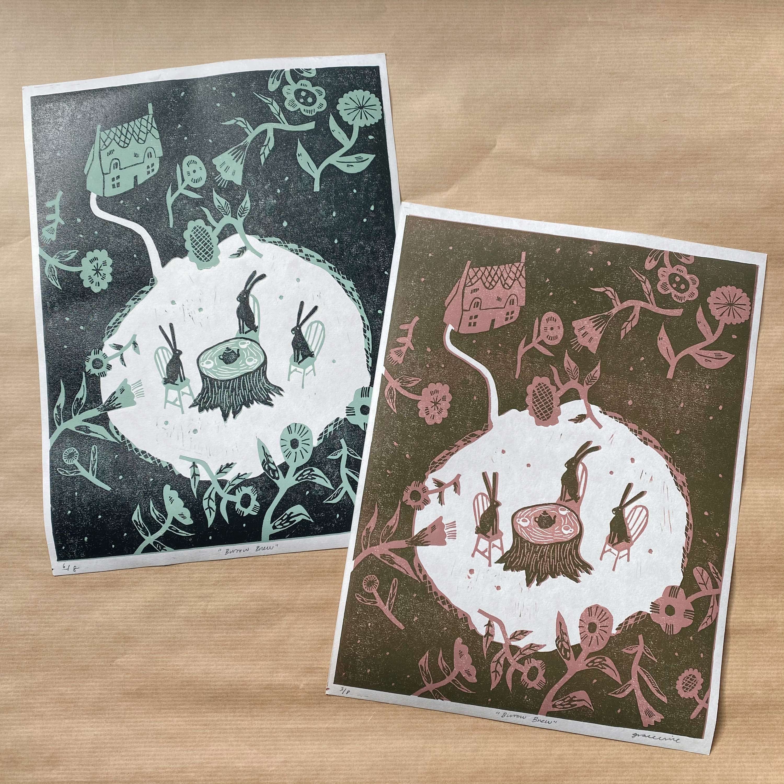 Burrow Brew | Linocut prints by Grace Evie Brown