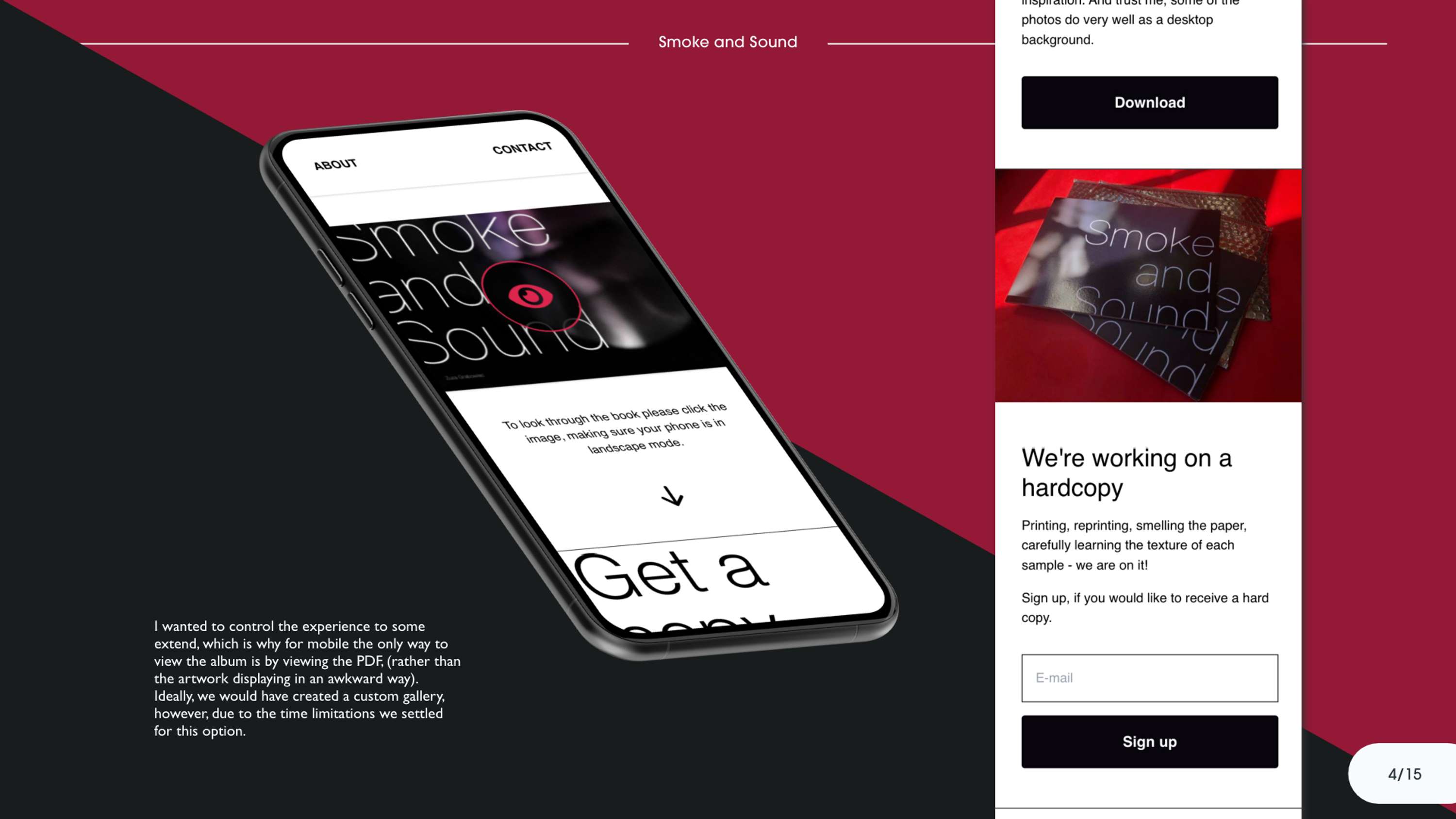 Website design for 'Smoke and Sound' by Laxmi Owczarek