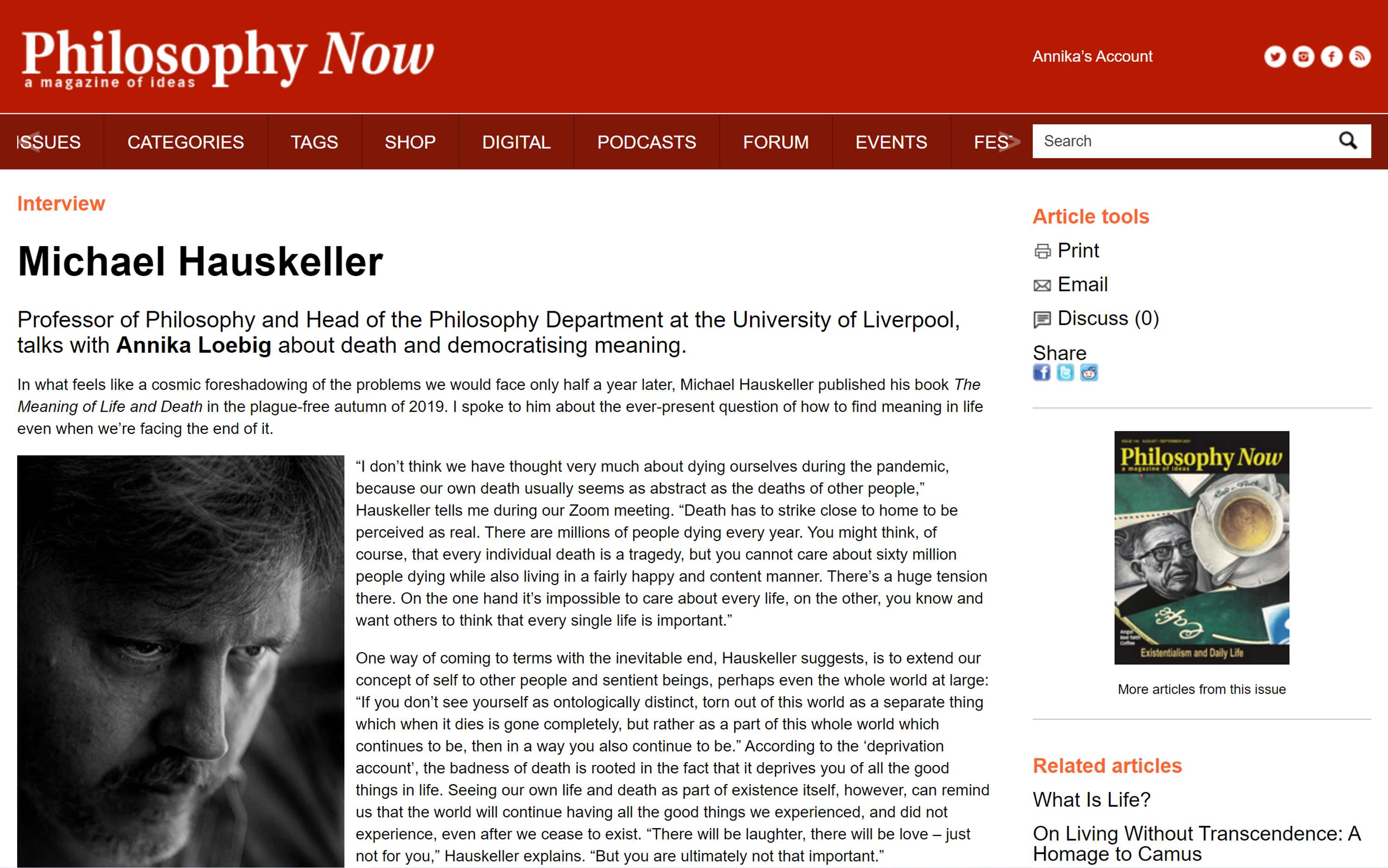 Profile interview in Philosophy Now by Annika Loebig