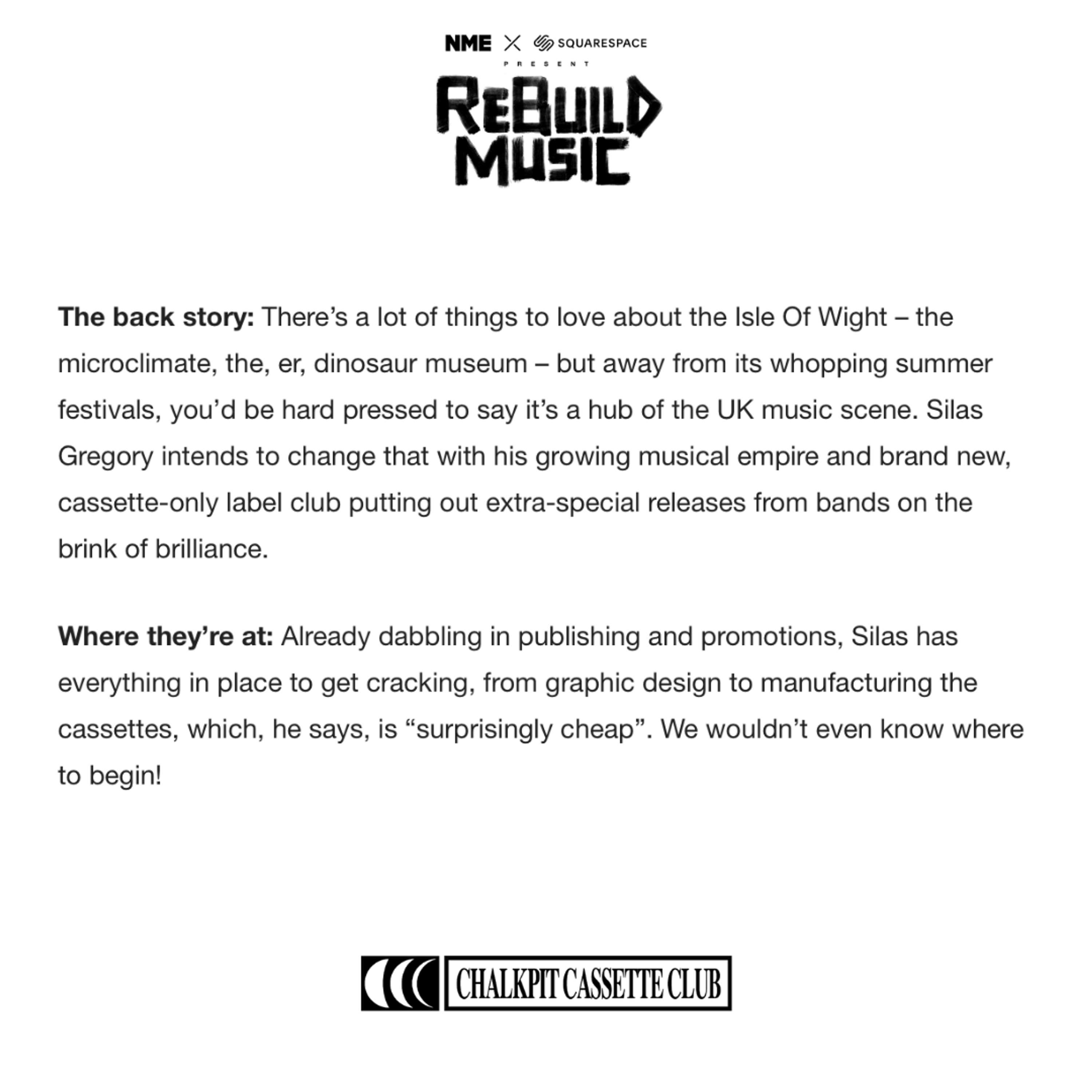 Chalkpit Cassette Club selected as one of NME X Squarespace - Big 10 Projects in Rebuild Music Campaign! by Chalkpit Cassette Club