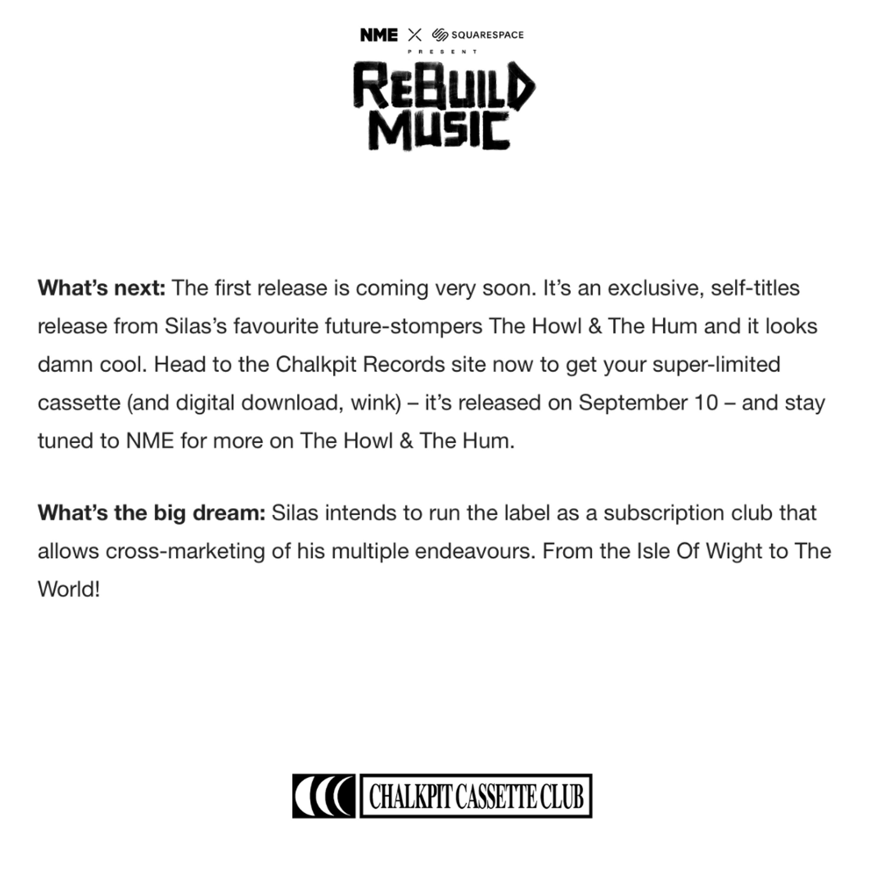 Chalkpit Cassette Club selected as one of NME X Squarespace - Big 10 Projects in Rebuild Music Campaign! by Chalkpit Cassette Club