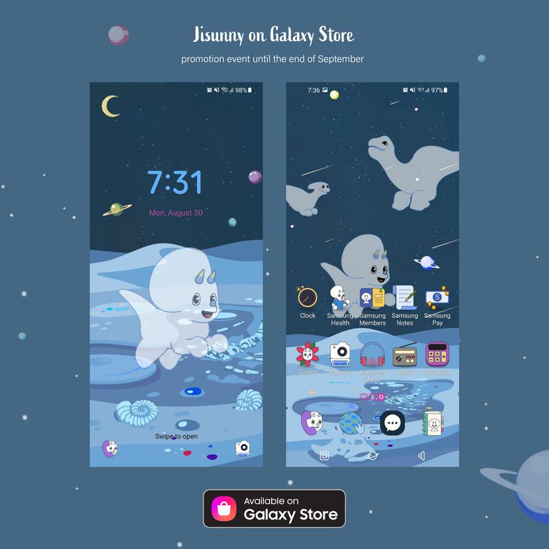 UI design on Samsung Galaxy Theme Store _ wallpapers & icons of  The Dino Ghosts by Jisun Lee