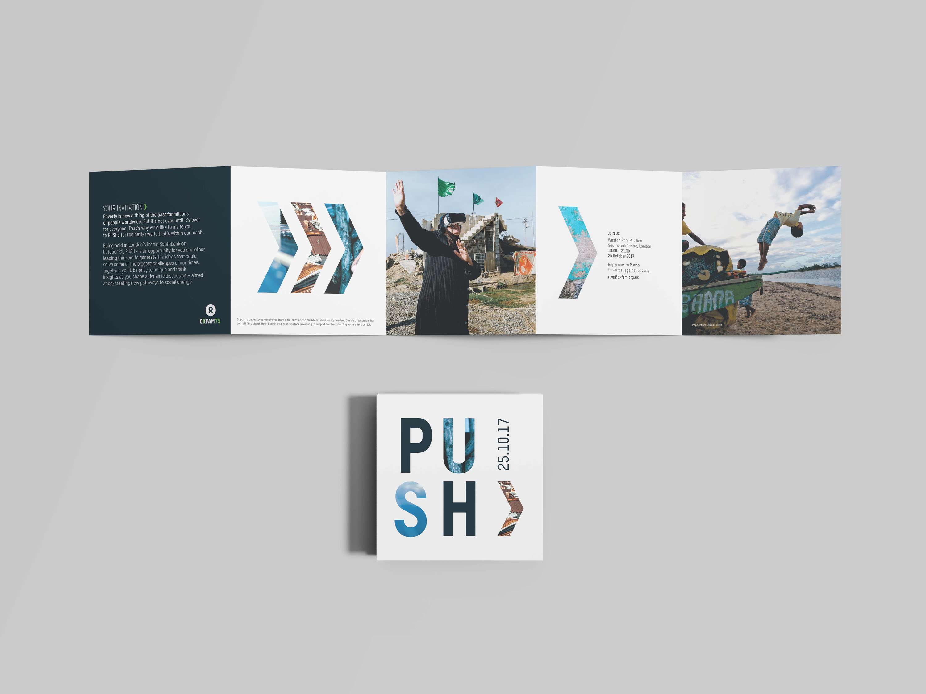 Identity and invitation design for Oxfam's PUSH event by Rosie Stevens