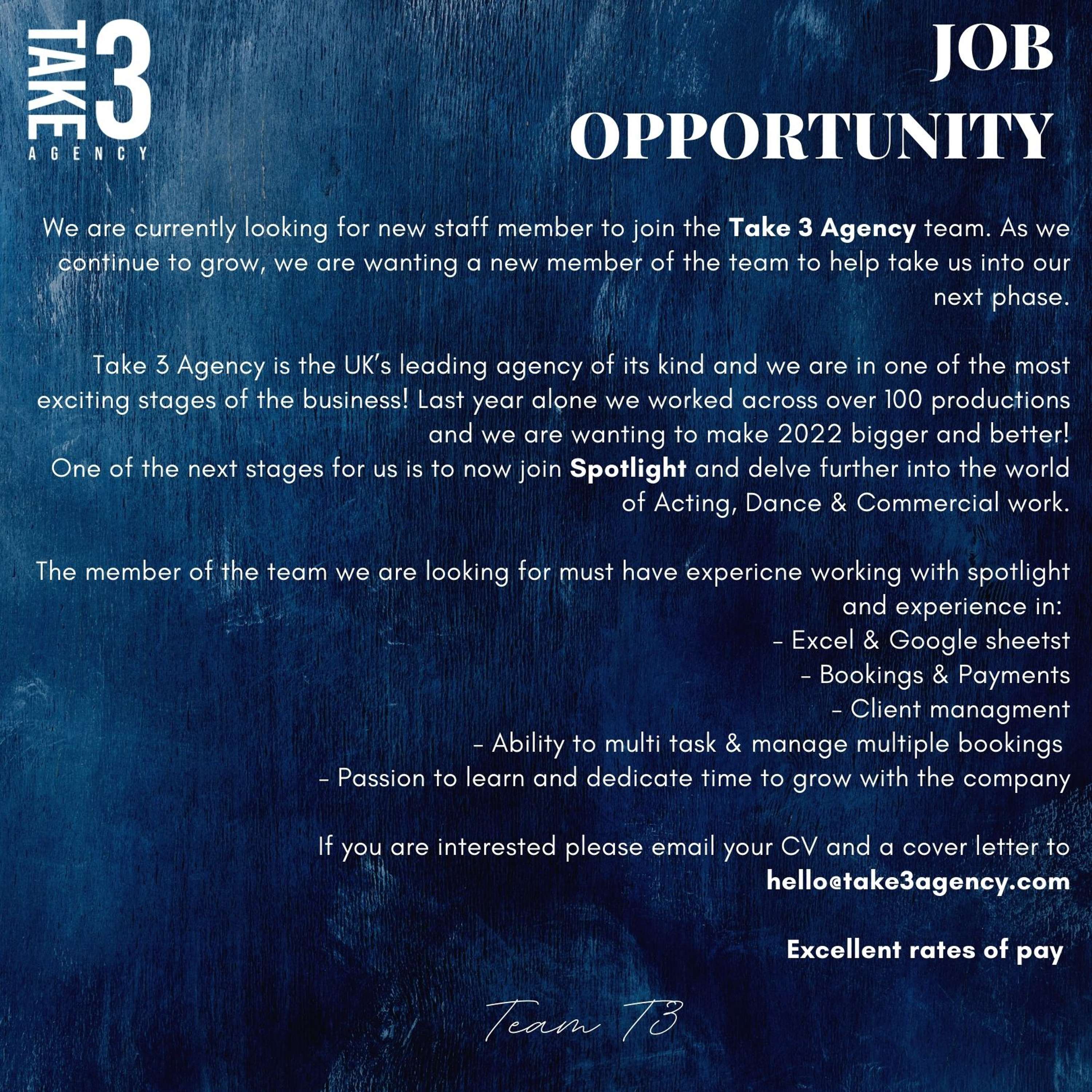 Looking for a casting assistant/agent to join Take 3 Agency! by Tyler Kennington
