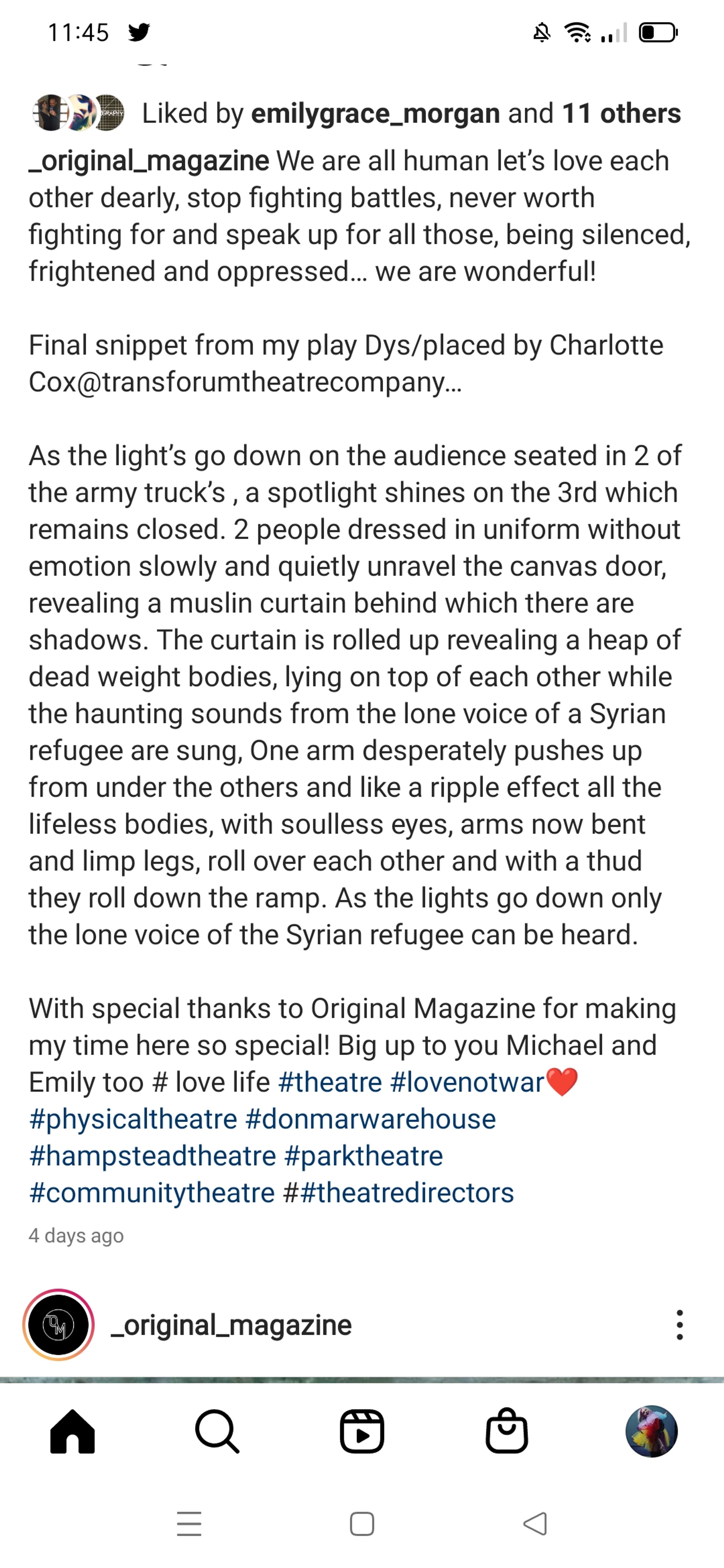 Taking over the IG for one week for Original Magazine by Charlotte Cox @transforumtheatrecompany @tallulahschnauzer