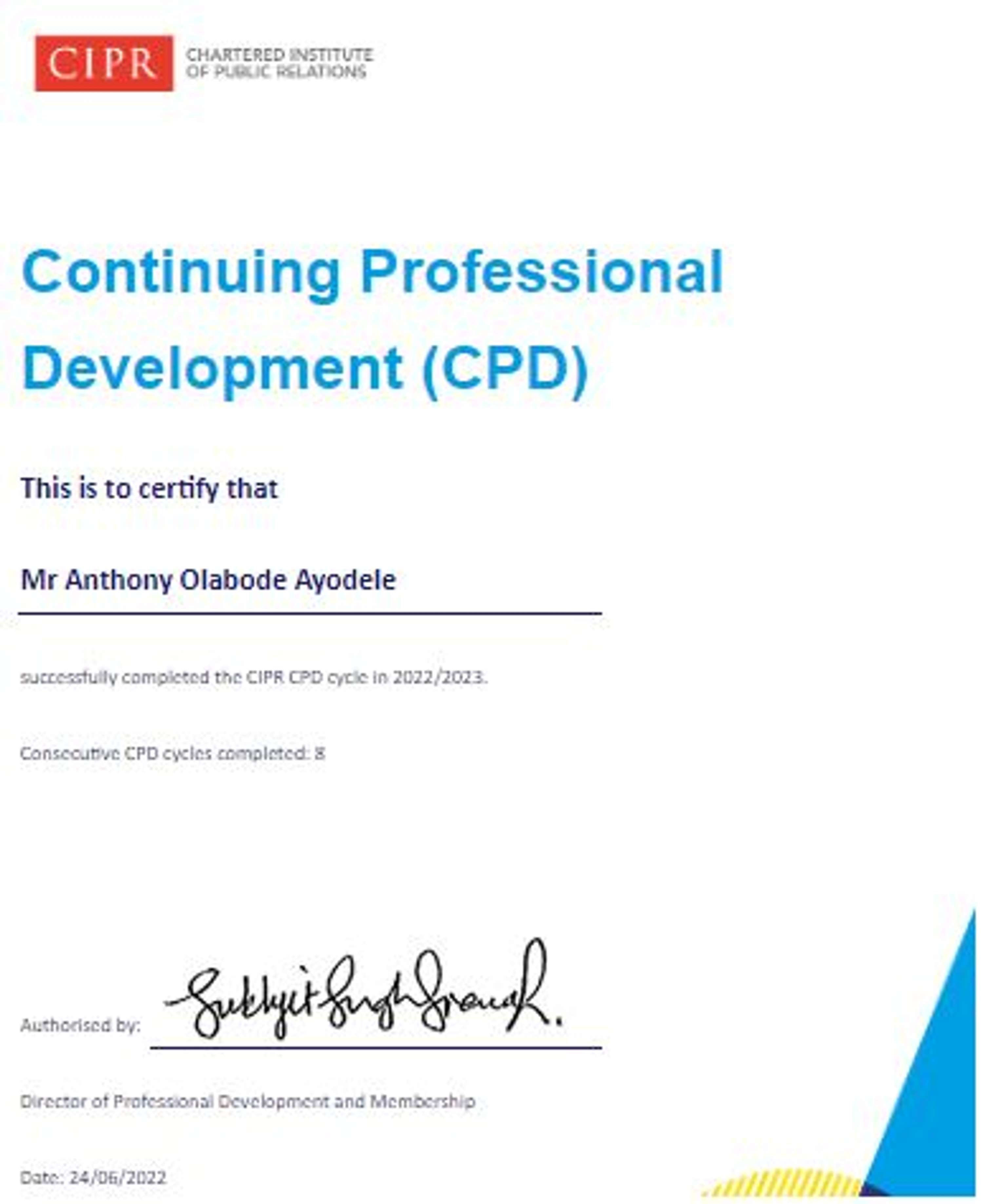 Completed 2022/23 CPD Cycle by Bode Ayodele
