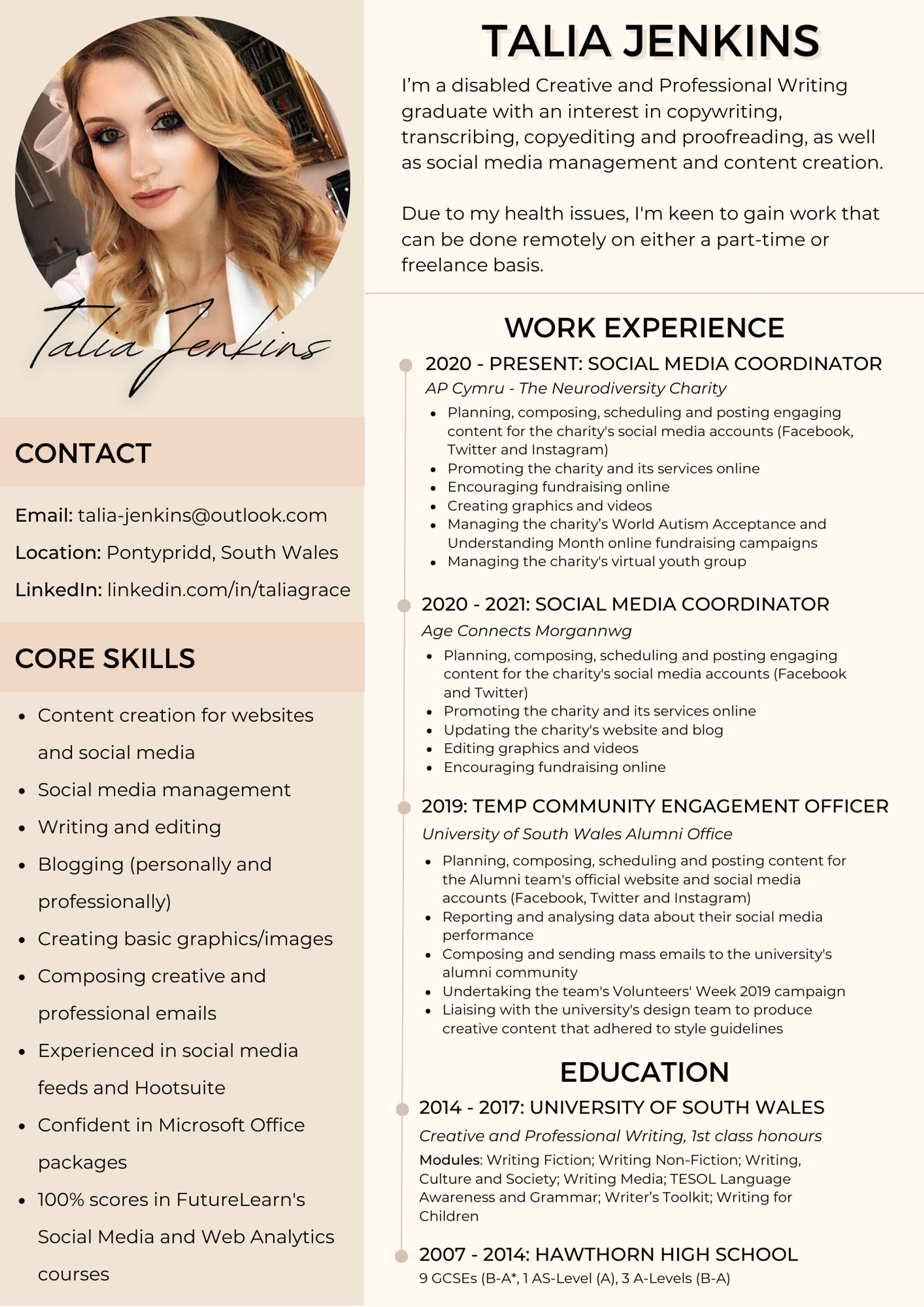 CV (a summary) by Talia Jenkins