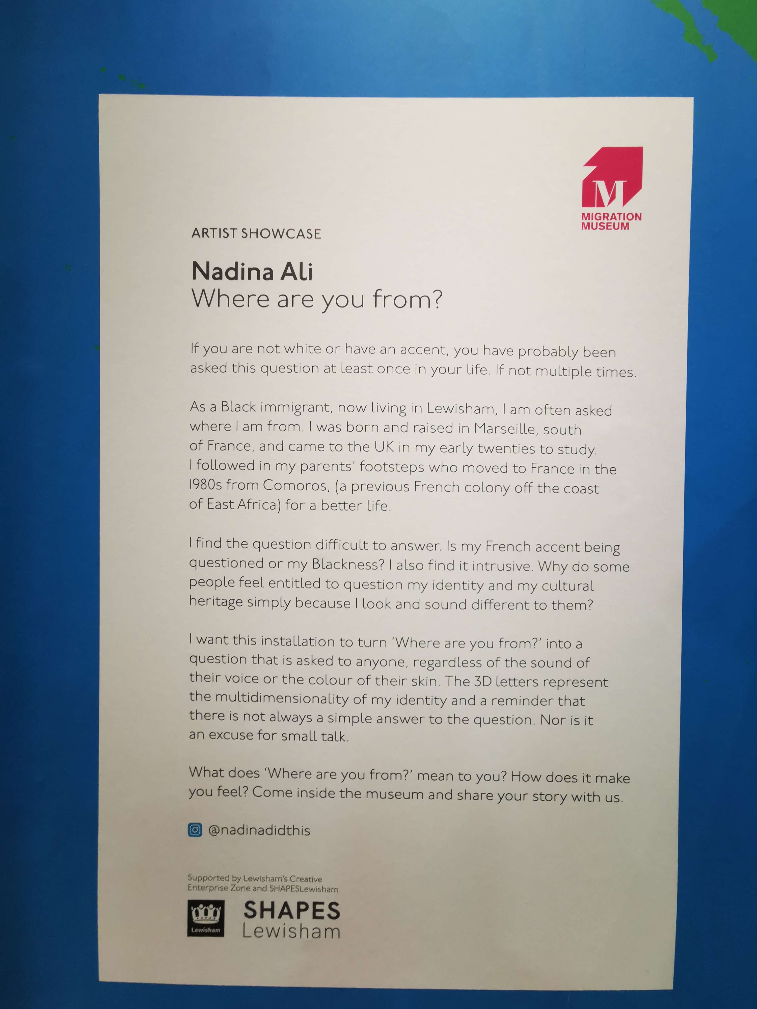 'Where Are You From?' window installation for the Migration Museum in Lewisham by Nadina Ali