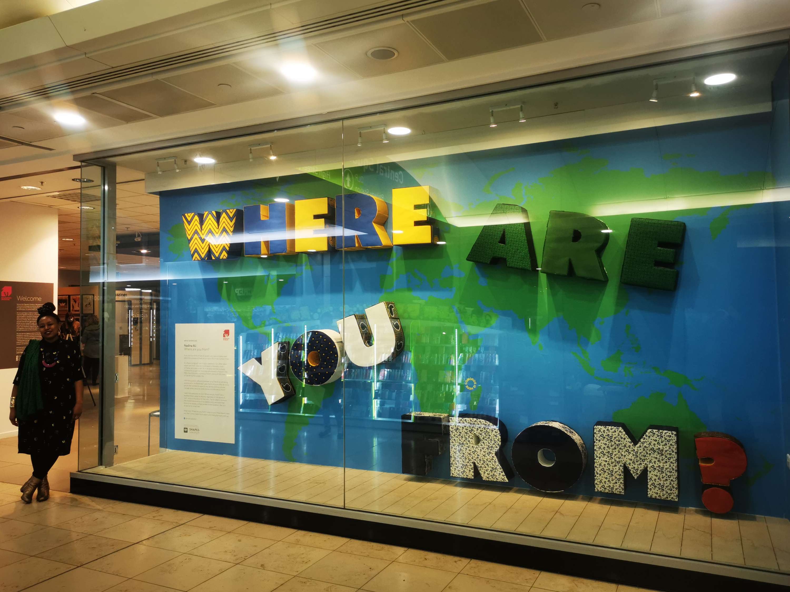 'Where Are You From?' window installation for the Migration Museum in Lewisham by Nadina Ali