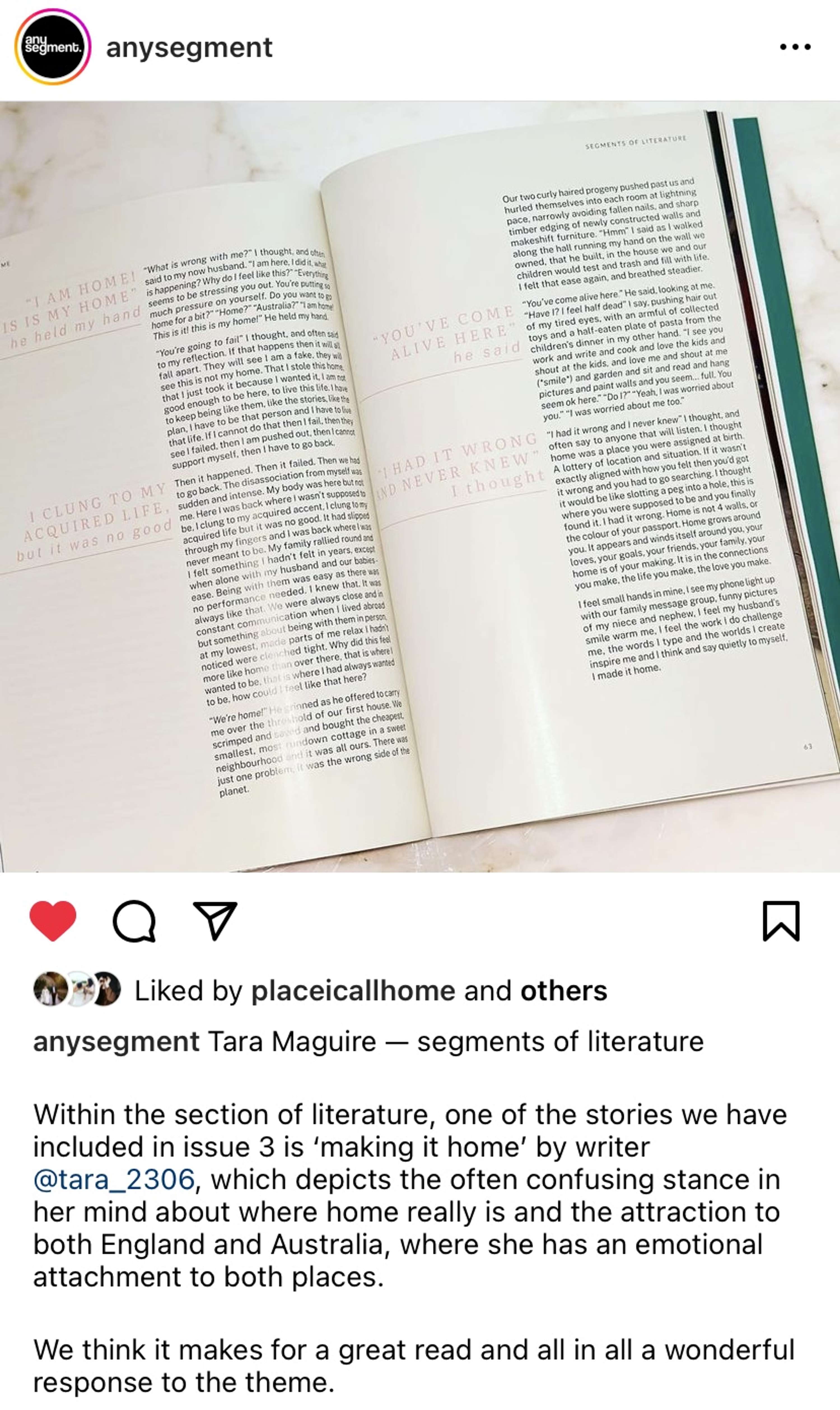 Any Segment Magazine - Feature Article "Making it Home" by Tara Maguire