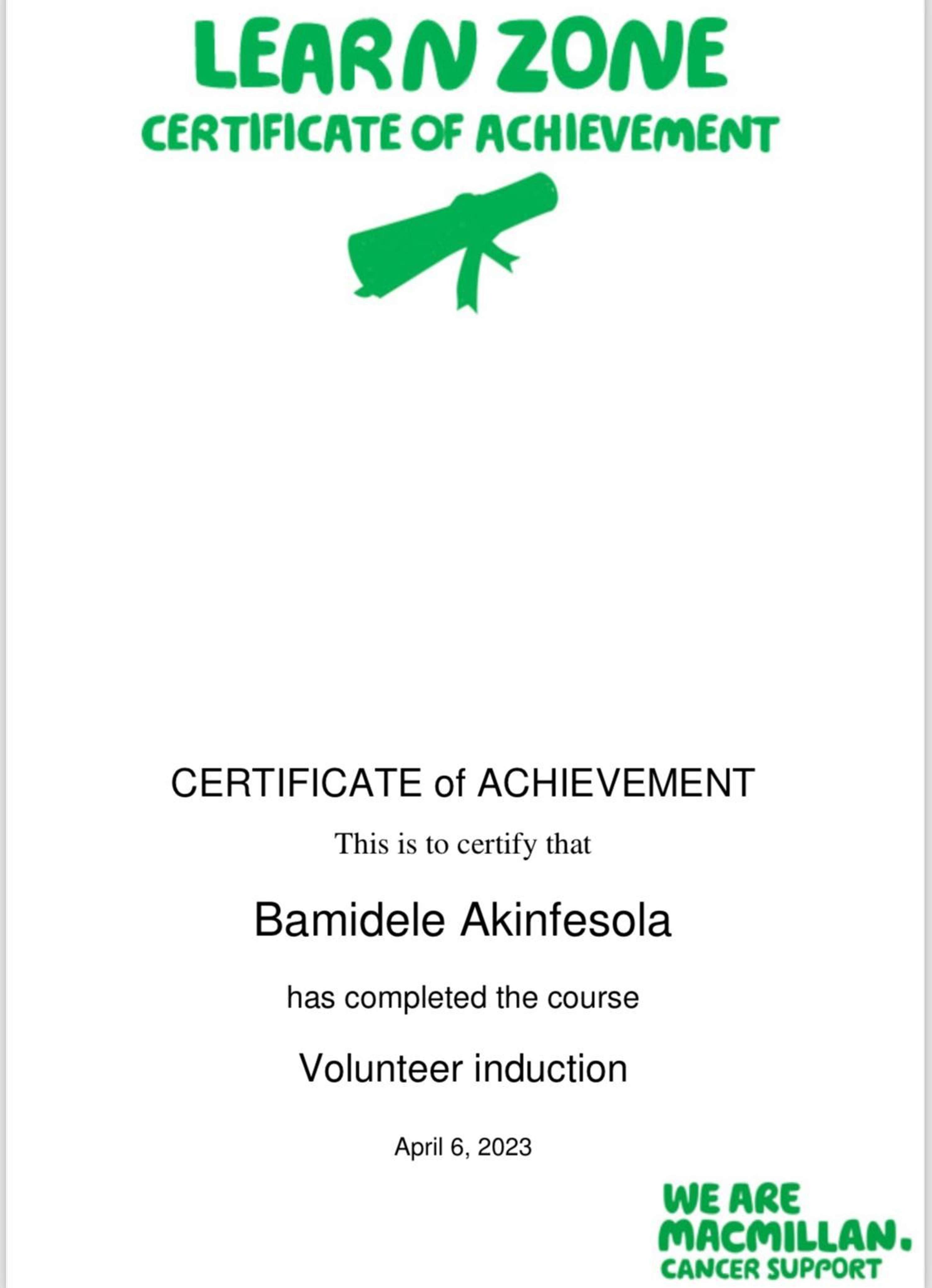 Volunteer Induction Certificate by Bamidele Akinfesola